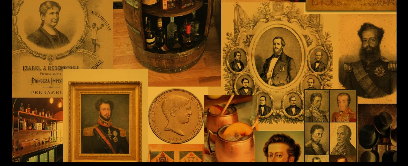 Montagem com fotos de retratos históricos, uma garrafa de bebidas, um cofre, uma moeda de cabeça de menino, copos de cobre com bebidas, e elementos decorativos de época.