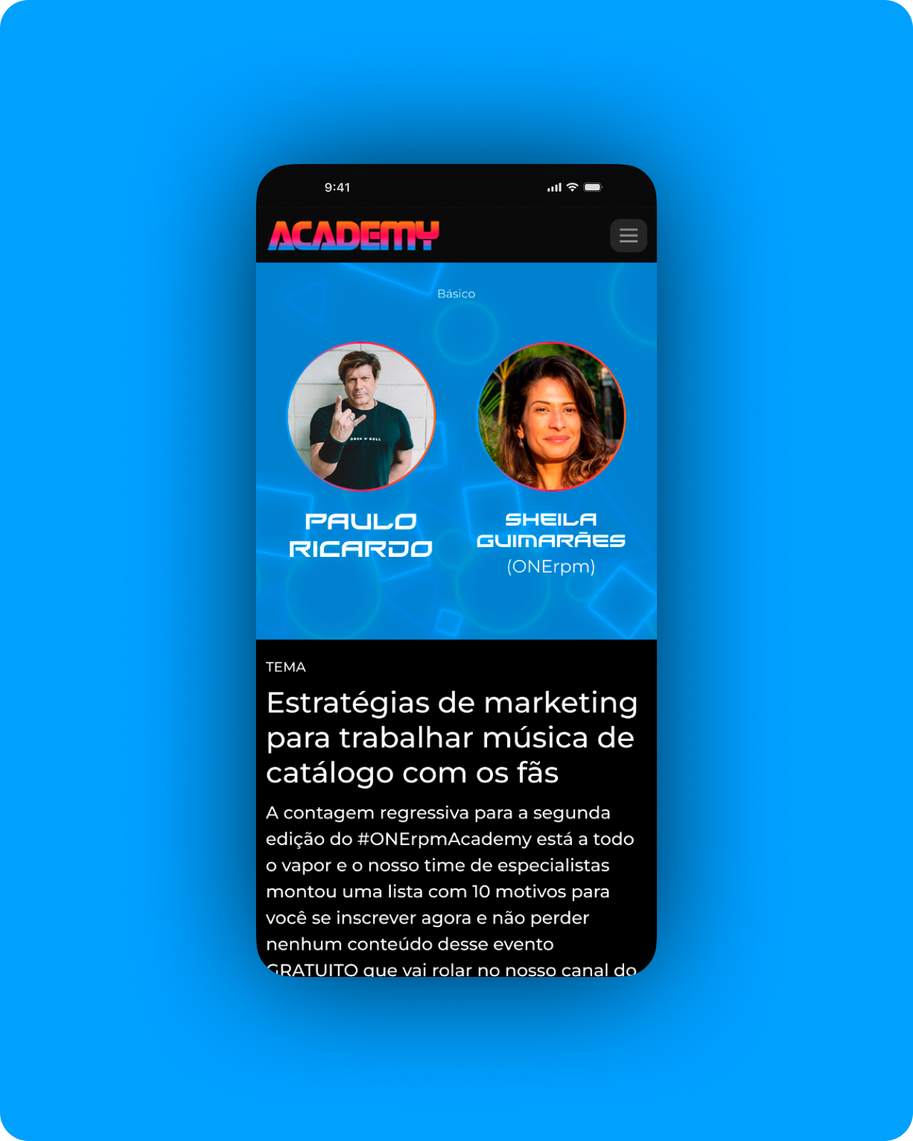 Captura de tela de um aplicativo de aprendizado com destaque para a temática de estratégias de marketing para músicas de catálogo. Inclui fotos de Paulo Ricardo e Sheila Guimarães, além do título 'Estratégias de marketing para trabalhar música de catálogo com os fãs'.