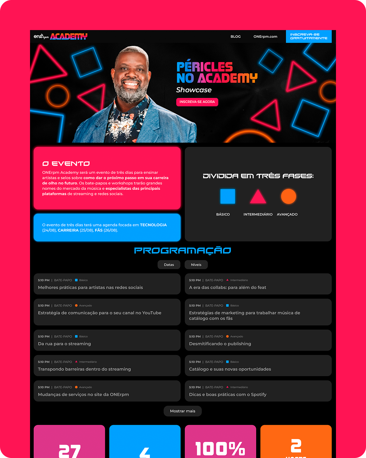 Página de evento online de três dias chamado ONERP Academy, com detalhes do programa, atividades, horários e níveis de aprendizagem, com fundo preto, elementos neon coloridos e uma foto de homem sorrindo ao centro.