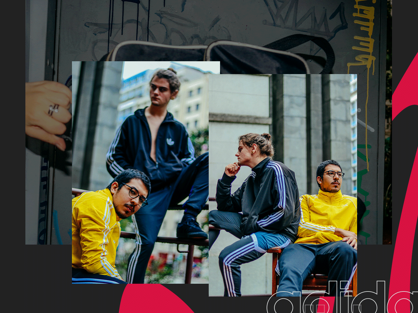 Grupo de quatro jovens homens usando roupas esportivas com faixas nas cores preto, azul e amarelo, posando em ambiente urbano ao ar livre.
