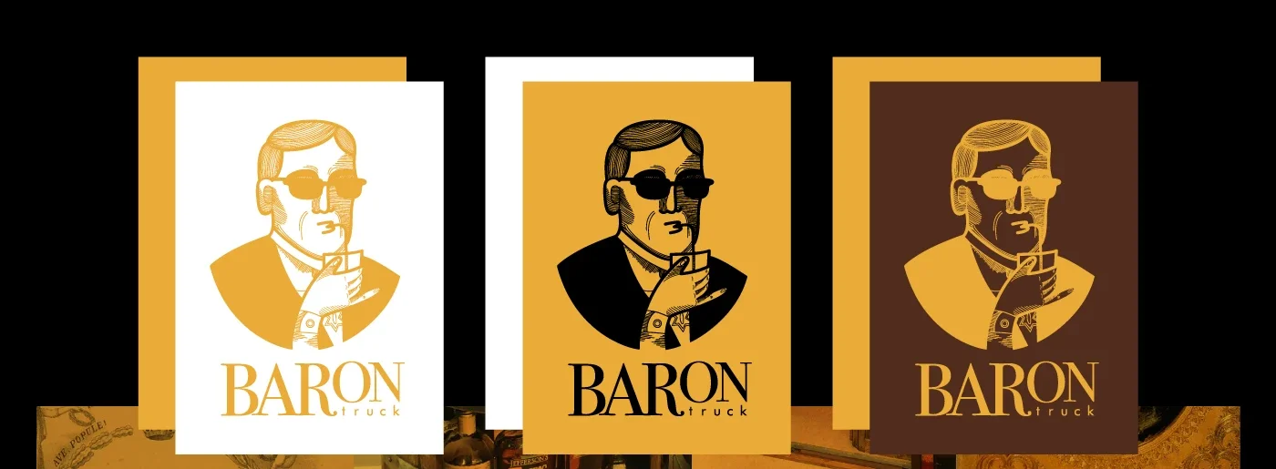 Conjunto de cartões de visitas do 'Baron Truck' com ilustração de um homem de óculos escuros, segurando um copo, em diferentes fundos: branco, dourado e marrom.