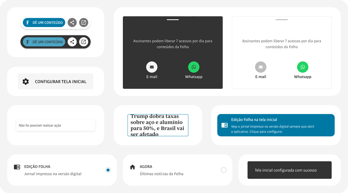 Tela de configuração de acesso ao conteúdo da Folha, com opções de compartilhar por e-mail ou WhatsApp, botão para configurar a tela inicial, mensagem de erro, notícia destaque, e botão indicando configuração bem-sucedida.