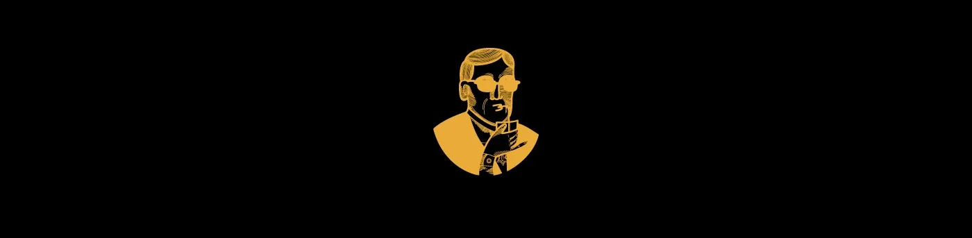 Logotipo em ouro de uma pessoa estilizada segurando um copo com uma mensagem em inglês, "drinking beer with friends".