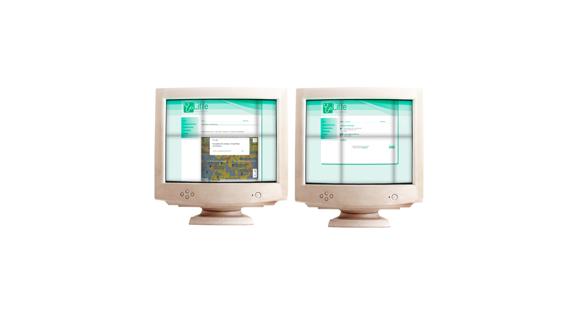 Duas telas de computador antigas exibindo páginas de um site chamado Liffe, com um mapa do Google Maps na tela da esquerda.