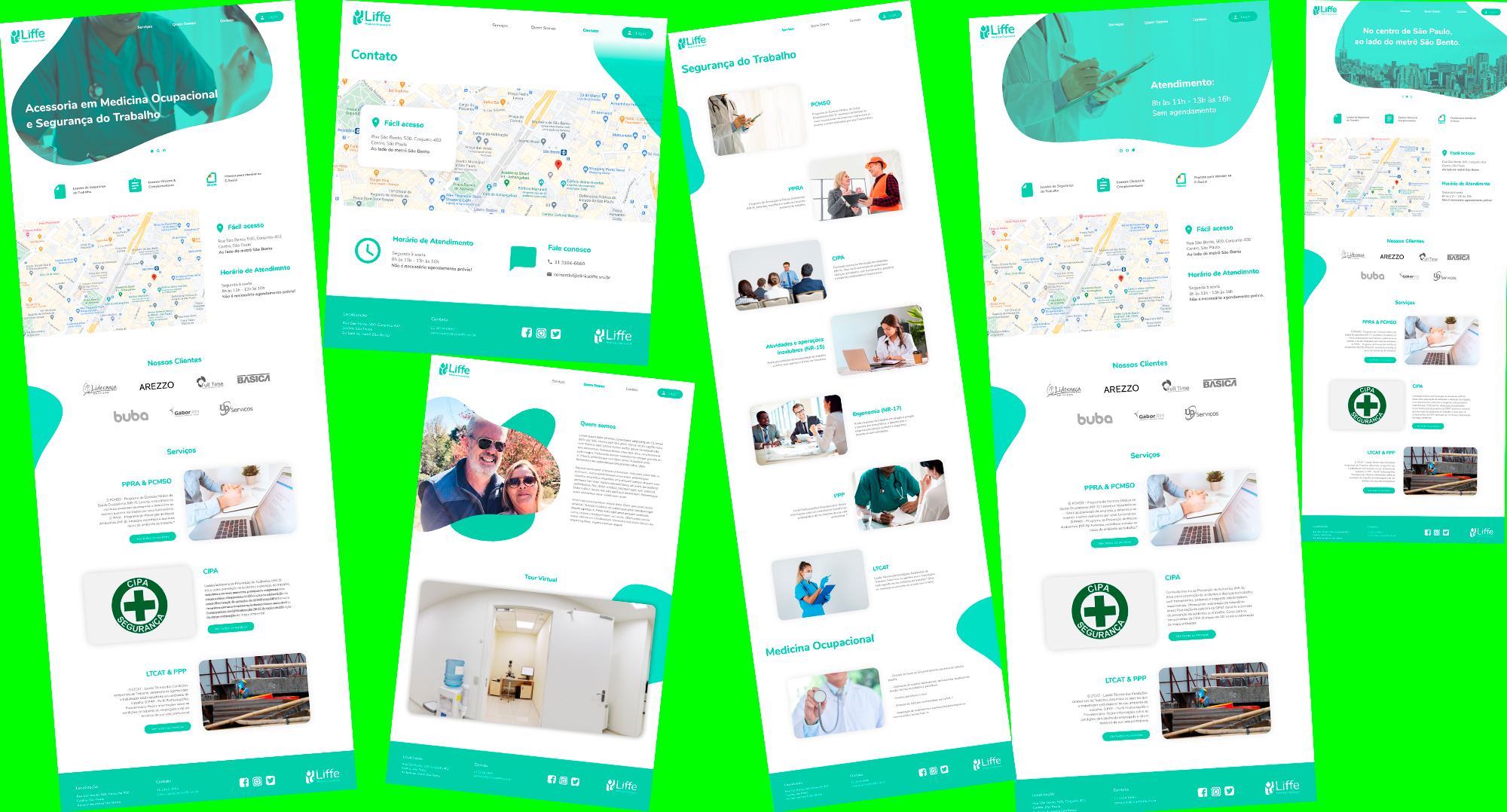 Conjunto de capturas de tela de um site de uma clínica de saúde, mostrando diferentes páginas como contato, segurança do trabalho, serviços, e localização, com mapas, textos, ícones e imagens relacionadas à saúde ocupacional.