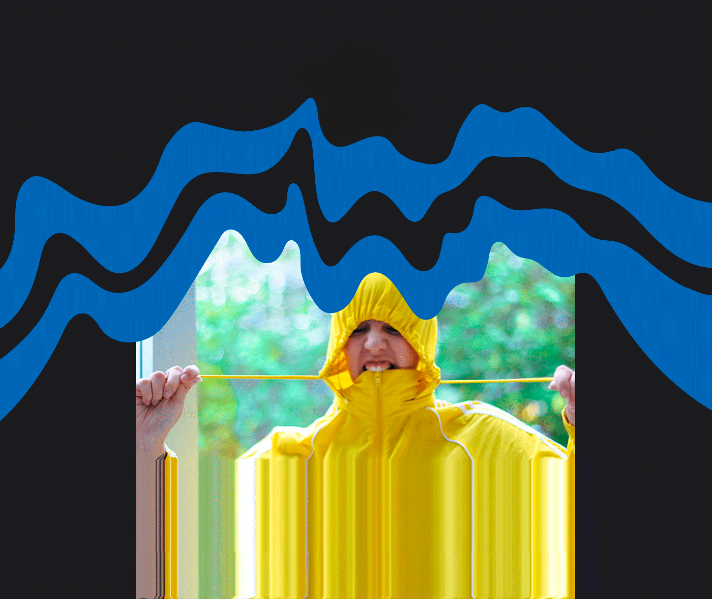 Pessoa vestida com jaqueta amarela, puxando uma corda, com navegação distorcida e uma camada de linhas azul ao fundo.