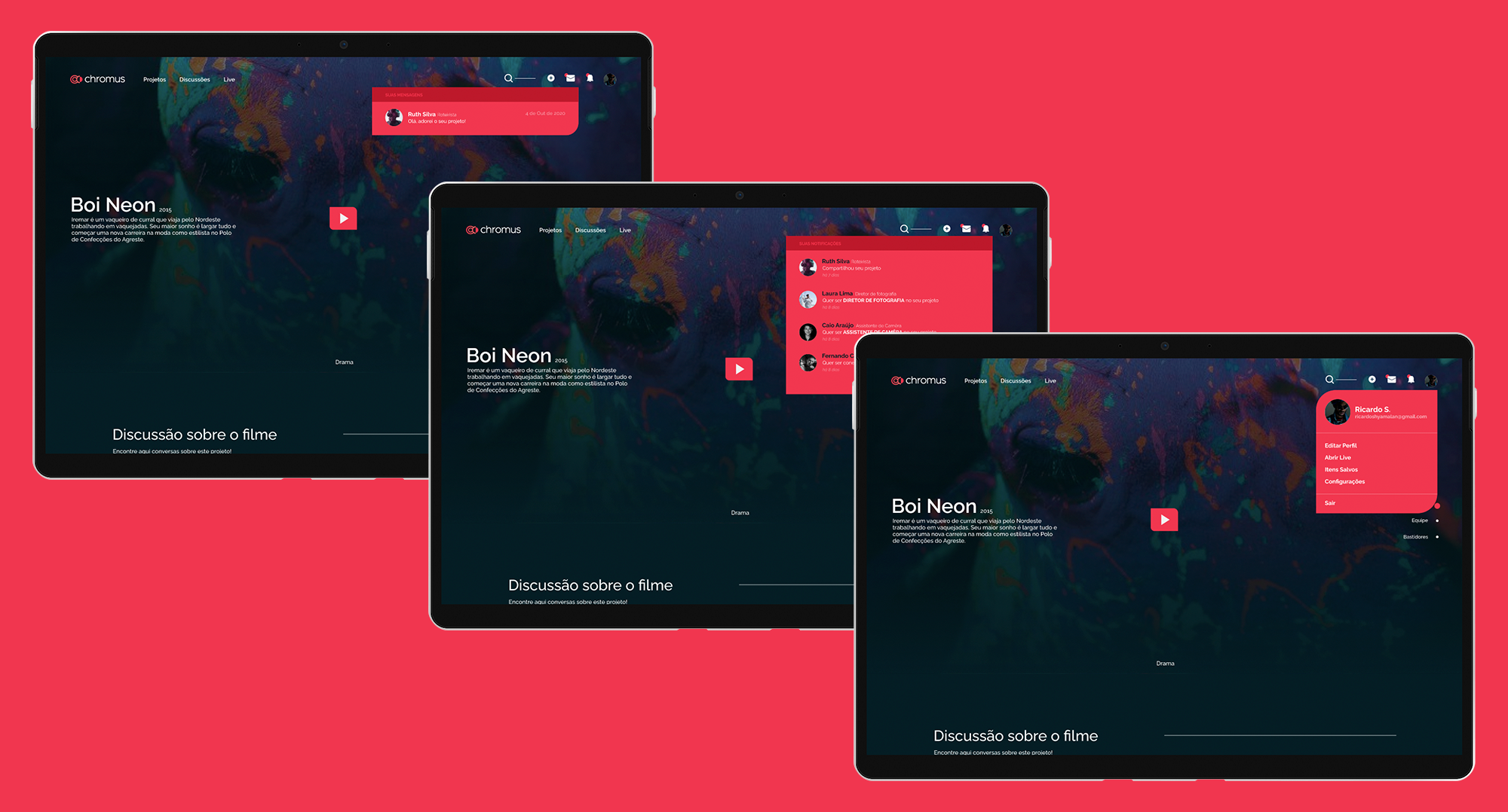 Imagem de três telas de computador apresentando uma plataforma de discussão sobre filmes, com fundo preto, detalhes em azul e elementos em vermelho, exibindo nomes de usuários, notificações, menus e uma animação de um cachorro pintado com cores vibrantes.