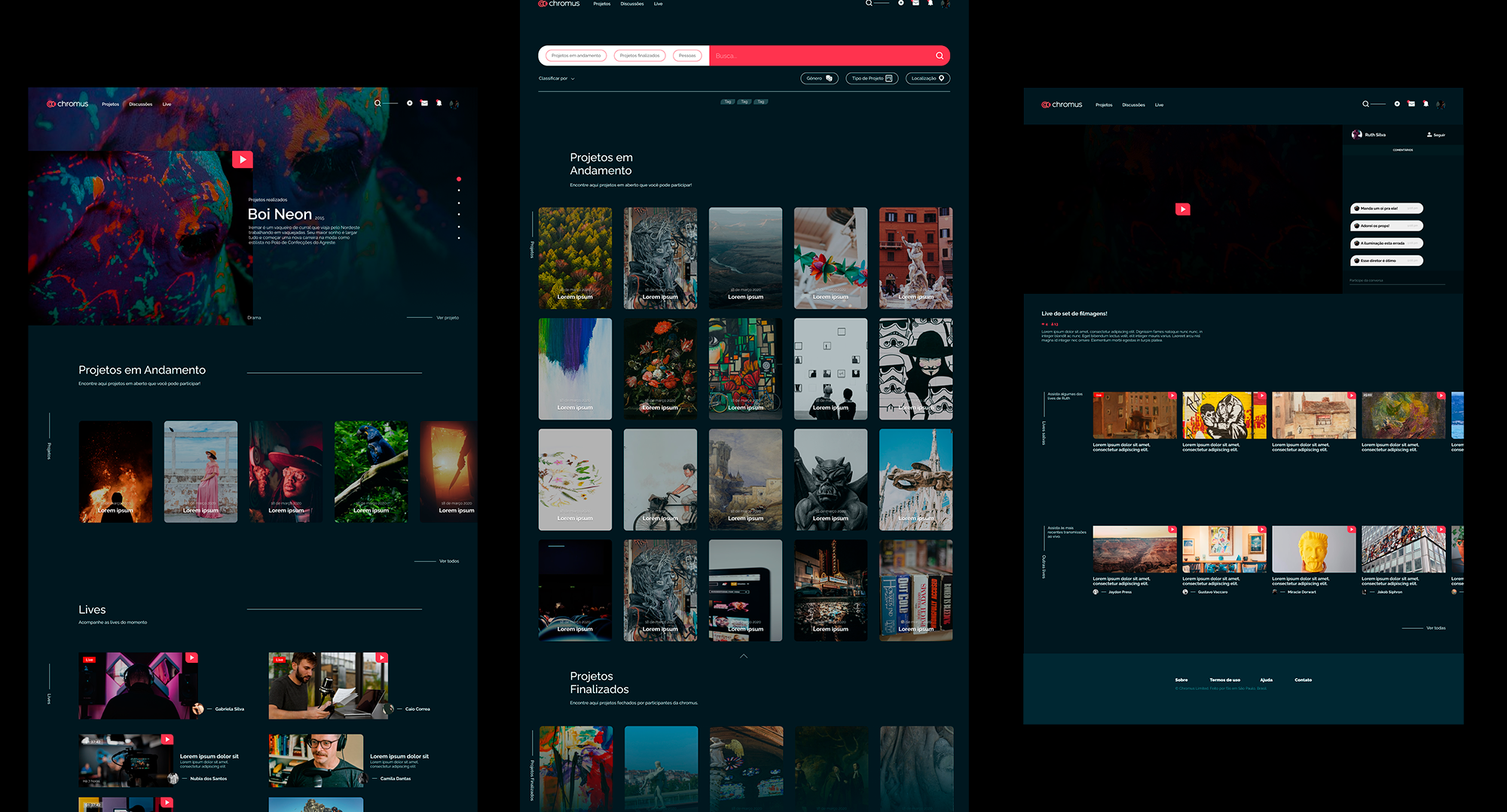 Tela de um site com várias seções de projetos de arte, vídeos e imagens, com fundo escuro e texto em português.