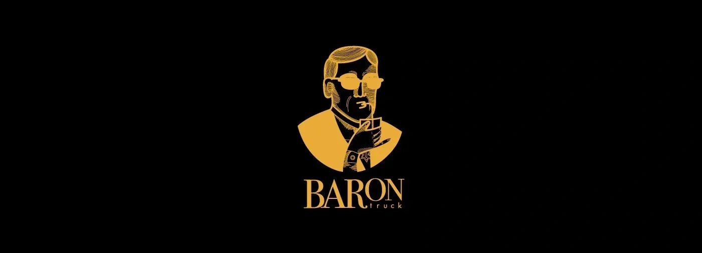 Logo com uma ilustração de um homem com barba, óculos e cabelo penteado, usando roupa social, segurando um copo na mão, com o texto "BARON truck" abaixo.