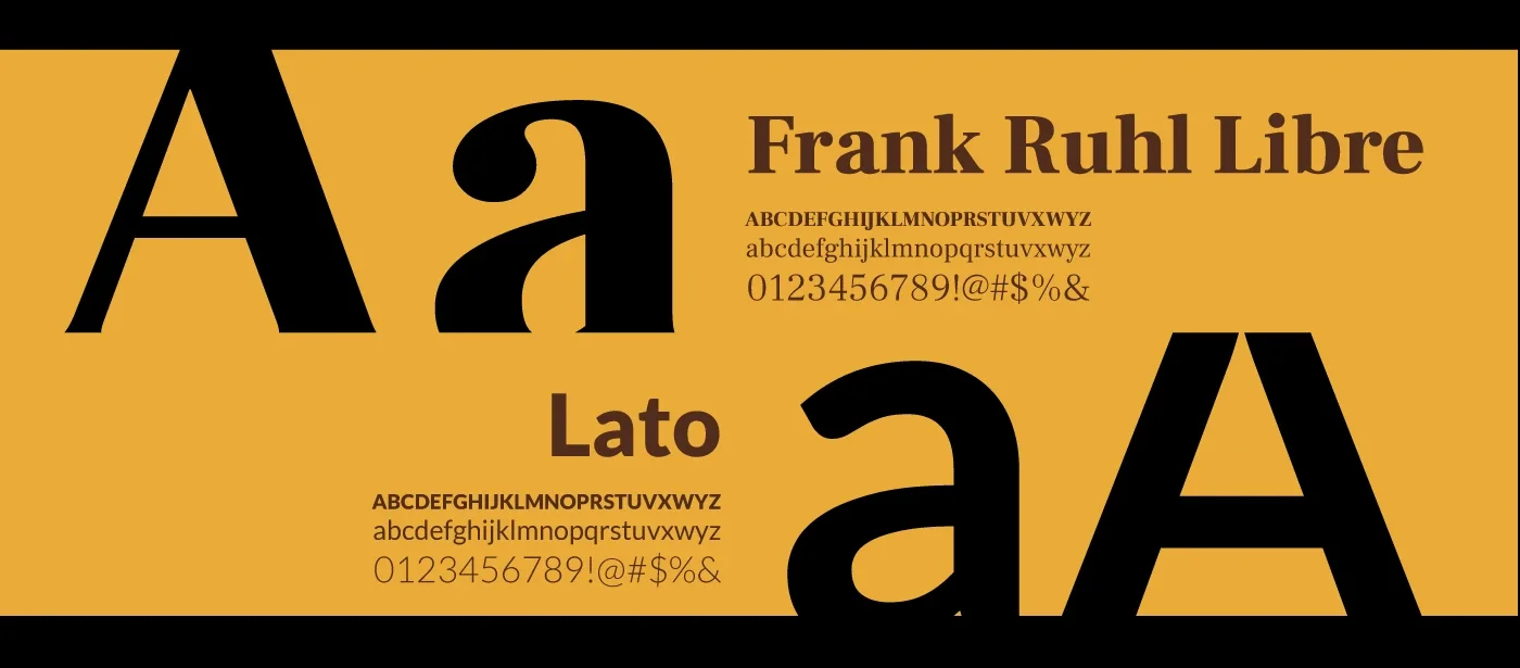Imagem de amostra de fontes tipográficas. Texto com diferentes estilos de fontes, exibindo letras maiúsculas e minúsculas, números e caracteres especiais, com fundo amarelo mostarda e detalhes em preto e marrom.