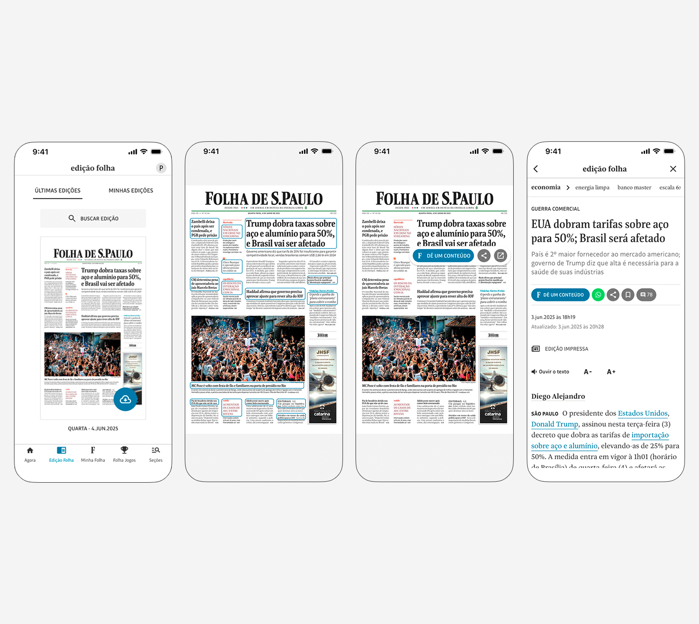 Tela de quatro aplicativos de leitura de jornal, mostrando a capa do jornal 'Folha de S.Paulo' na primeira e segunda telas, e um artigo sobre tarifas de aço e alumínio no governo Trump na terceira e quarta telas.