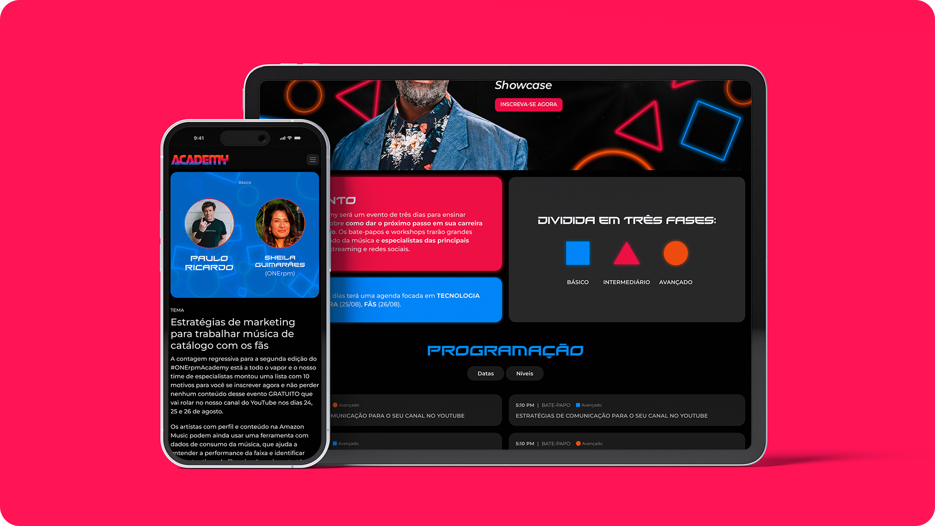Tela de celular exibindo informações sobre estratégias de marketing na música, com fotos de palestrantes e tópicos de programação, ao lado de um tablet com versão de computador da mesma página, tudo sobre fundo rosa