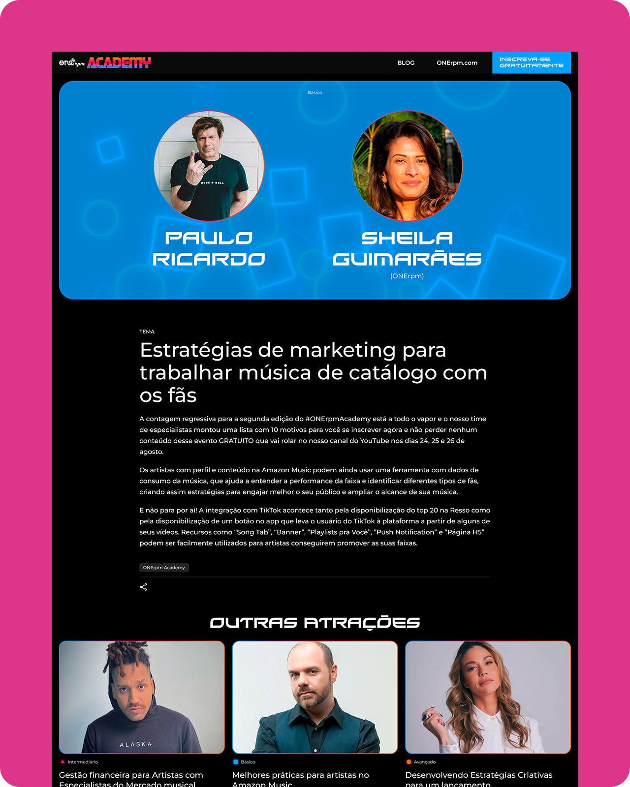 Página de curso online com fotos de artistas, destaque para o título 'Estratégias de marketing para trabalhar música de catálogo com os fãs' e tópicos sobre estratégias para artistas, incluindo gestão financeira, práticas para artistas no Amazon Music e estratégias criativas para lançamentos, com seção de outras atrações com fotos de três artistas.