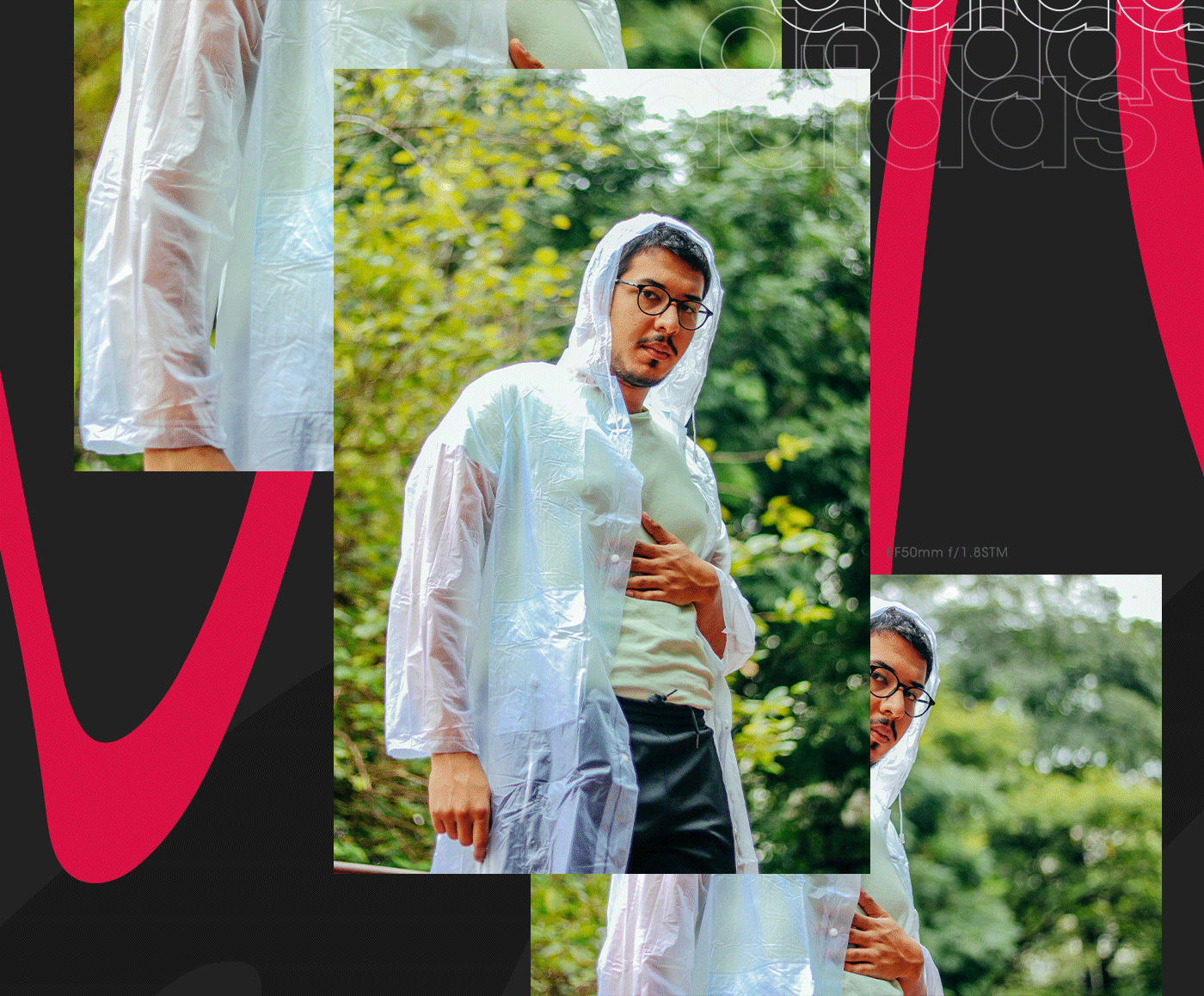 Homem com óculos escuros usando jaqueta de plástico transparente e camiseta bege, posando ao ar livre com árvores ao fundo.