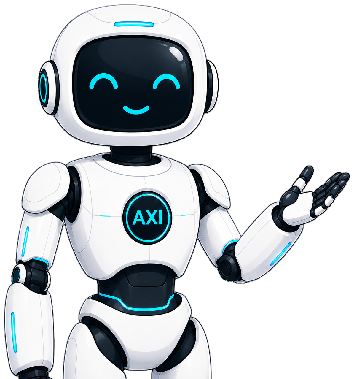 Robot amigable con rostro sonriente y sistema LED azul, señalando con una mano, con la palabra 'AXI' en su pecho.