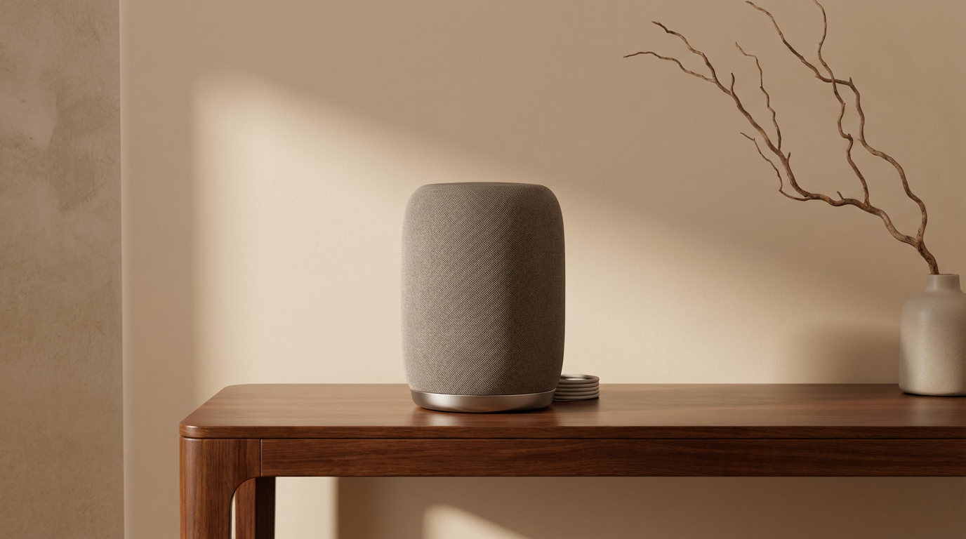Smart speaker on a wooden table with a decorative vase and dried branches in a minimalist interior.