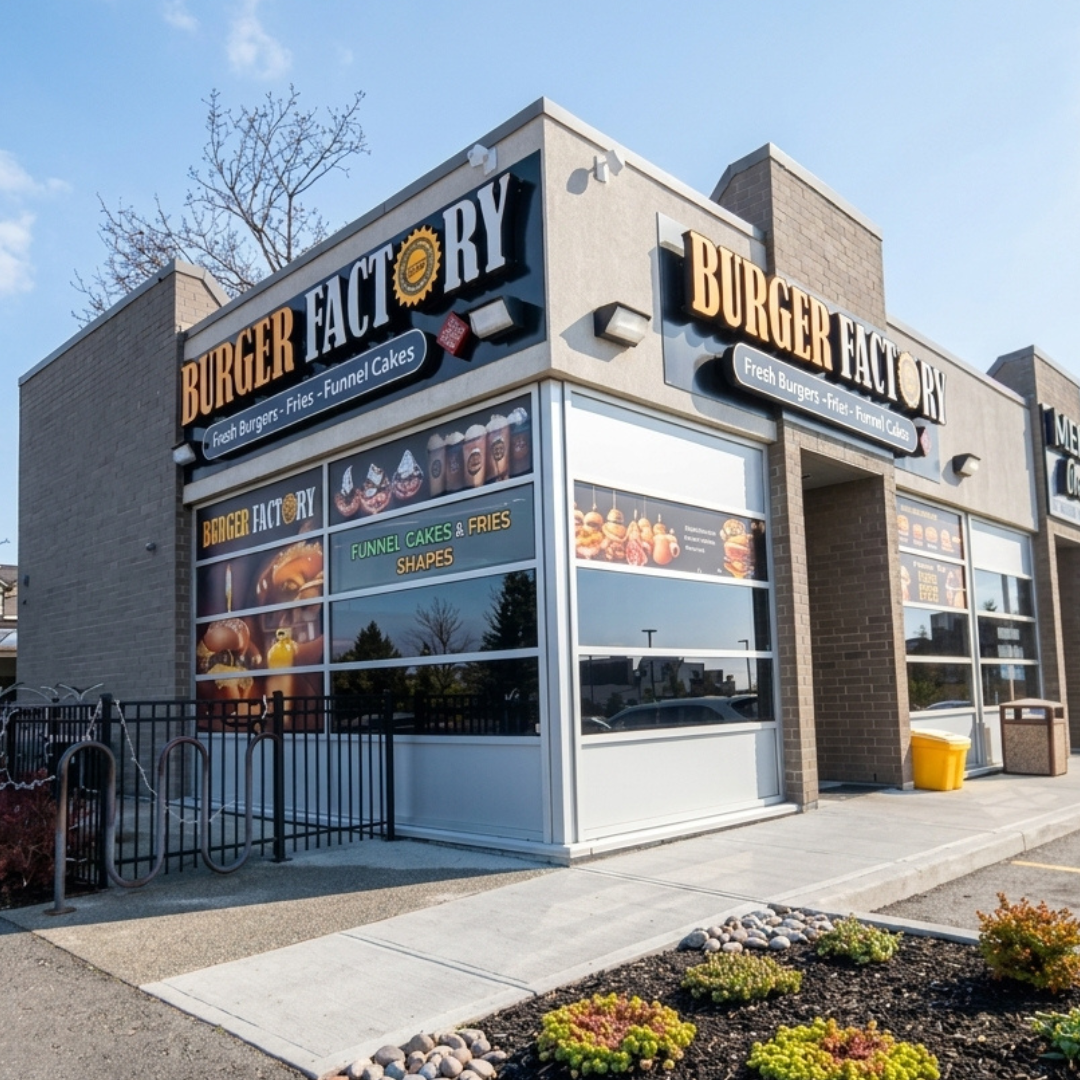 Exterior of a Burger Factory restaurant with signage advertising fresh burgers, fries, funnel cakes, and cakes. Large windows display images of burgers, funnel cakes, and ice cream. The building has a modern brick and stucco design, with a small landscaped area in the foreground.