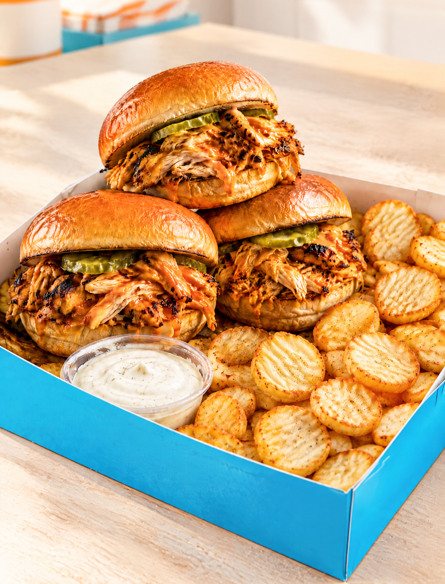 A blue fast food container holding three pulled chicken sandwiches with pickles and sauce, along with a side of seasoned crinkle-cut potato chips and a small cup of ranch dressing.