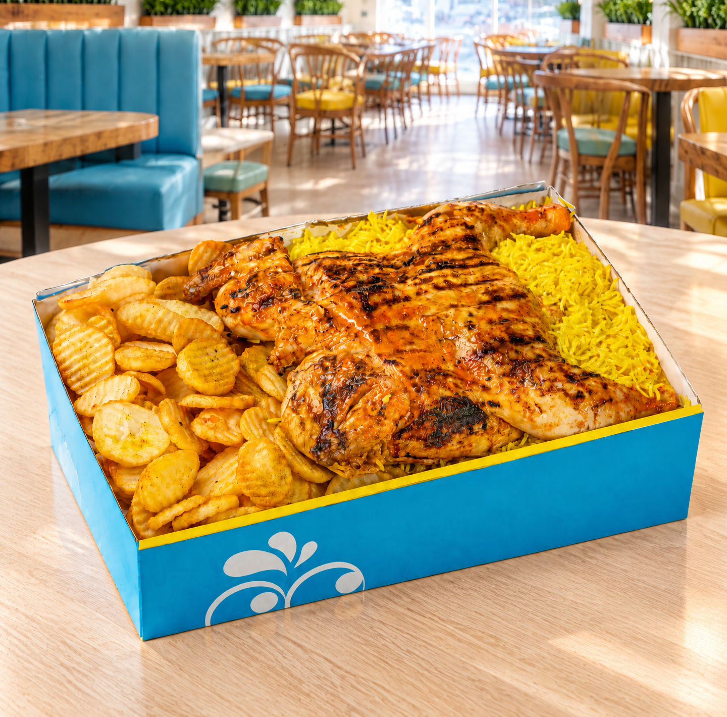 A box of grilled chicken with rice, waffle fries, and barbecue sauce on a wooden table in a bright restaurant.