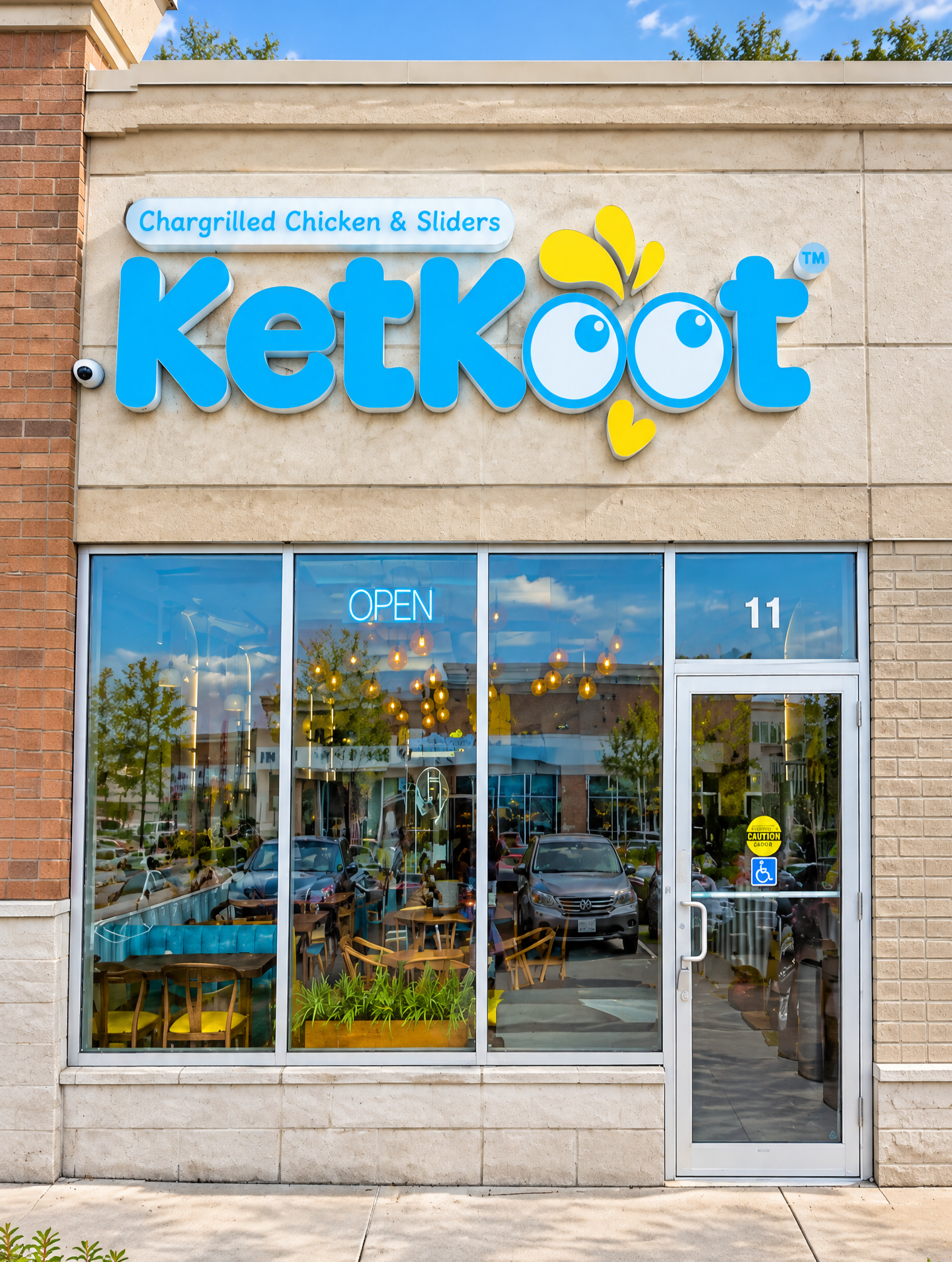 Front view of a restaurant with a sign that reads "Chargrilled Chicken & Sliders" and a neon "Open" sign in the window. The restaurant has a glass door with a handicap accessible sign and a yellow caution sticker. Inside, there are blue chairs and warm hung lights.