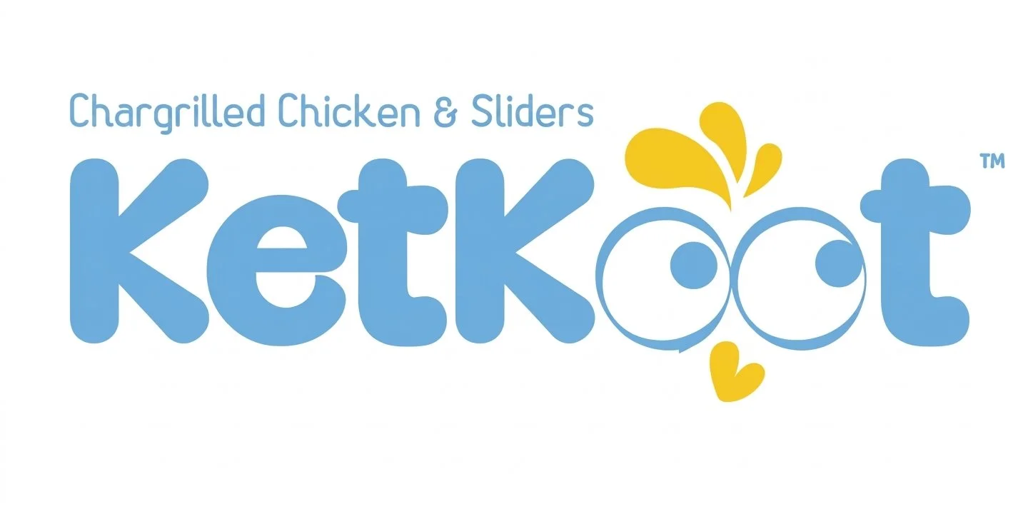 Logo for KetKoot featuring playful blue text with yellow hearts and beverage splash design.