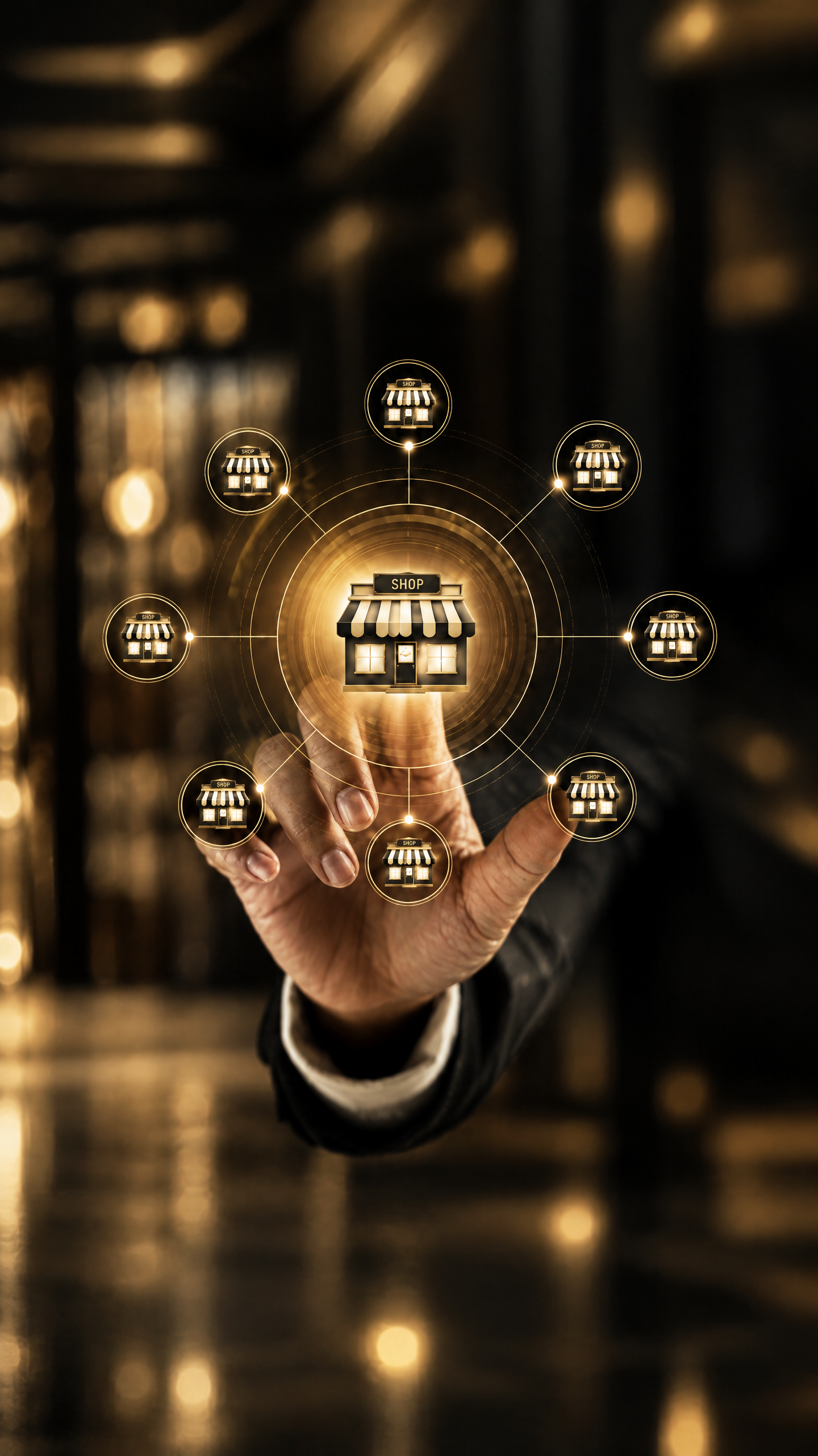 A close-up of a person's hand touching a digital interface showing multiple interconnected shop icons, representing a network of retail locations or online stores, set against a blurred background.