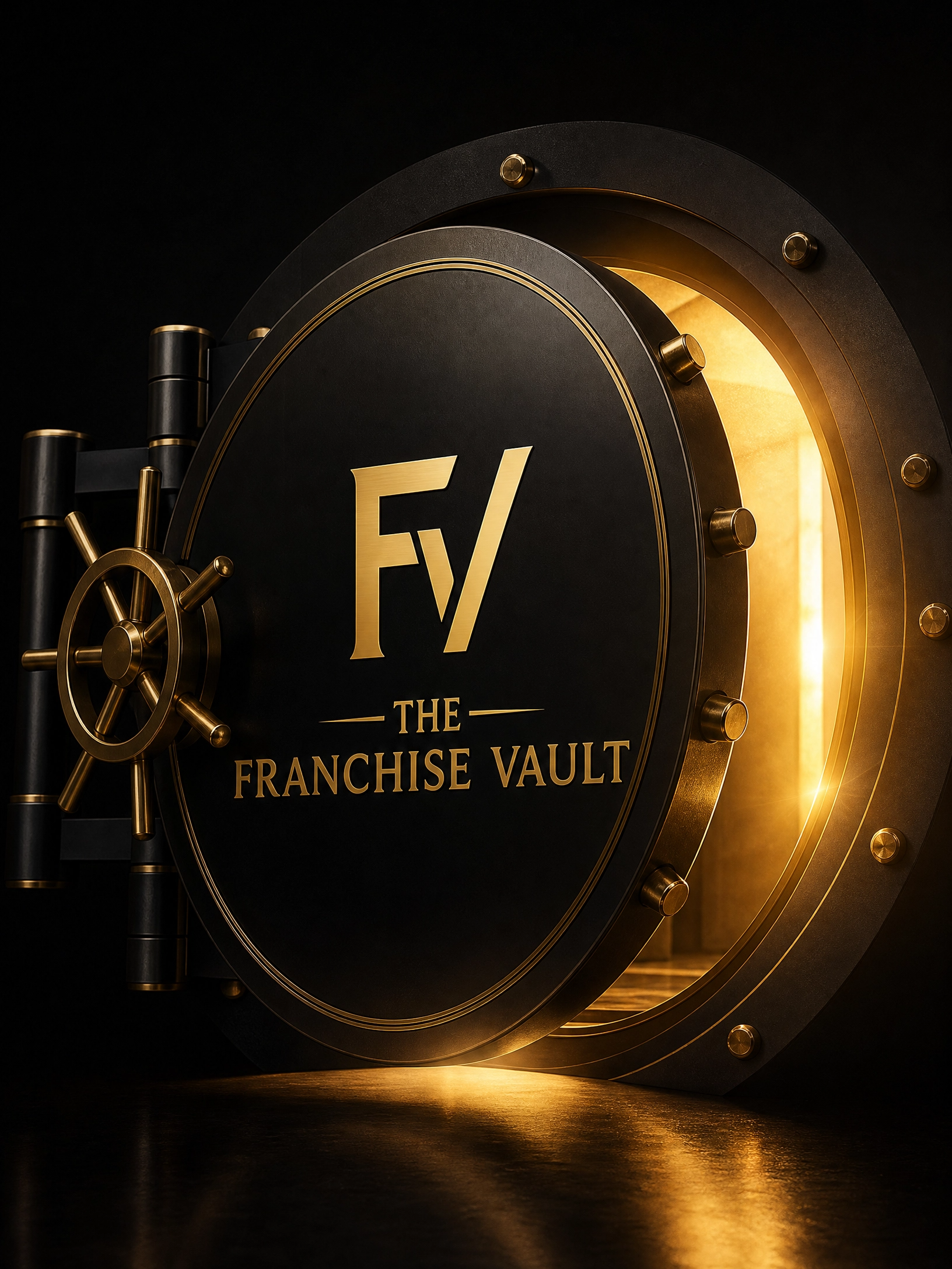 A secure vault door with gold accents and the words 'The Franchise Vault' engraved on it, illuminated with warm lighting.