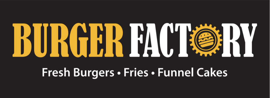 Banner for Burger Factory featuring the restaurant's name, a gear icon with a burger inside, and text advertising fresh burgers, fries, and funnel cakes.