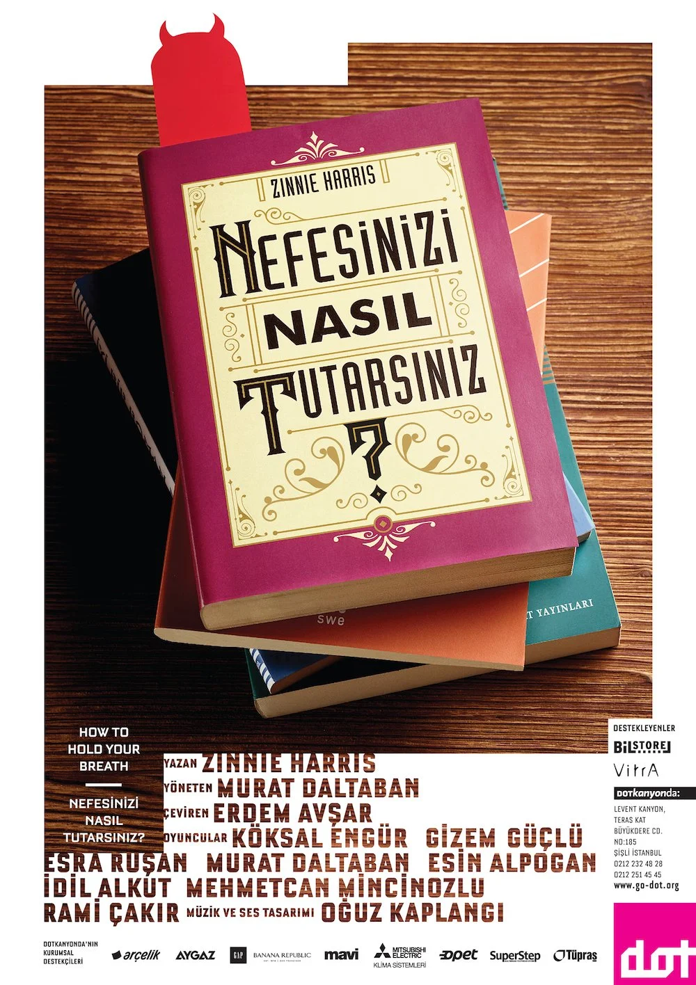 Stack of books on a wooden surface, featuring a pink book titled "Nefesinizi Nasıl Tutarısınız?" by Zinnie Harris on top.