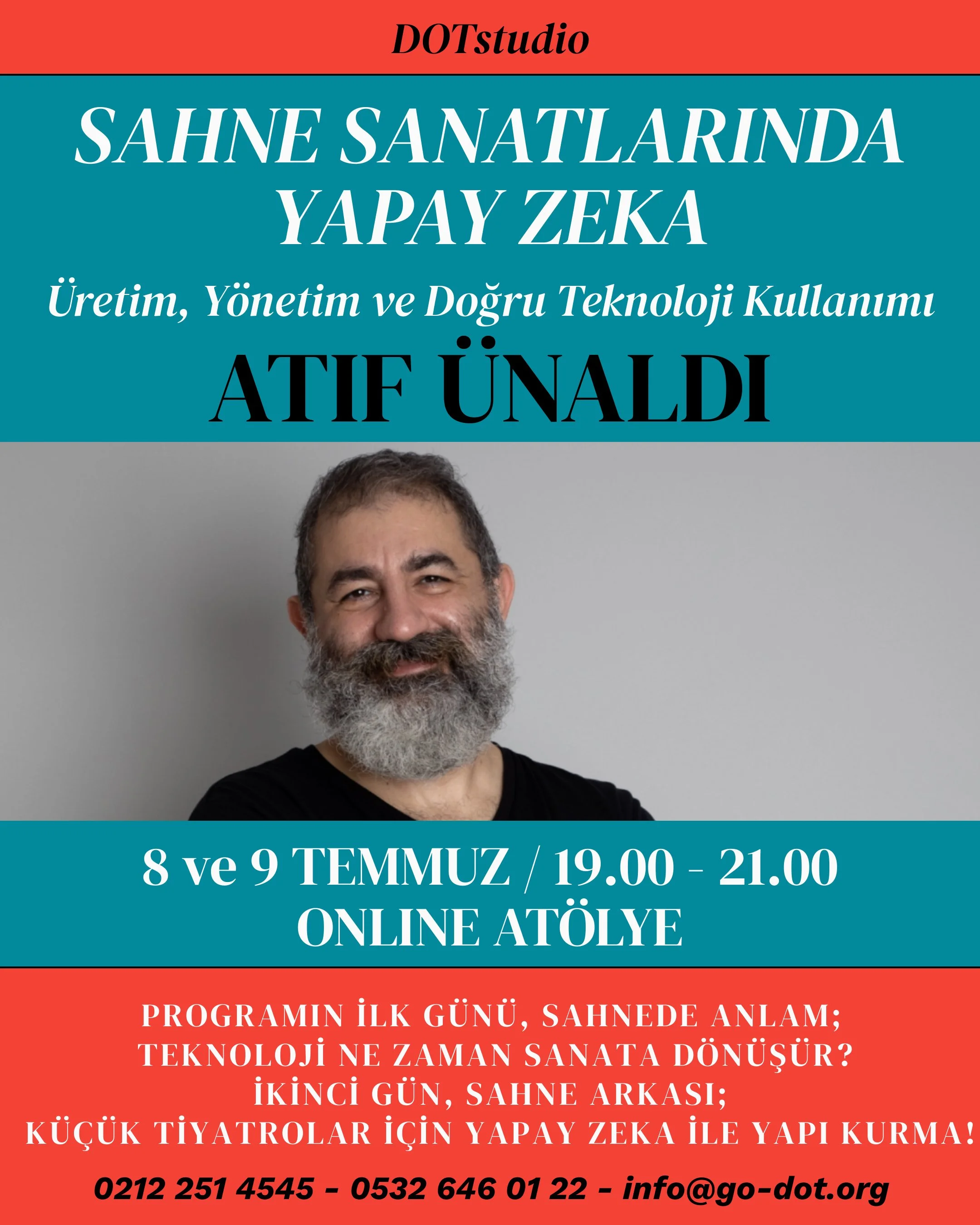 Flyer for online workshop on artificial intelligence and art, scheduled for July 8 and 9 from 7:00 PM to 9:00 PM, organized by DOTstudyo, with contact information included.
