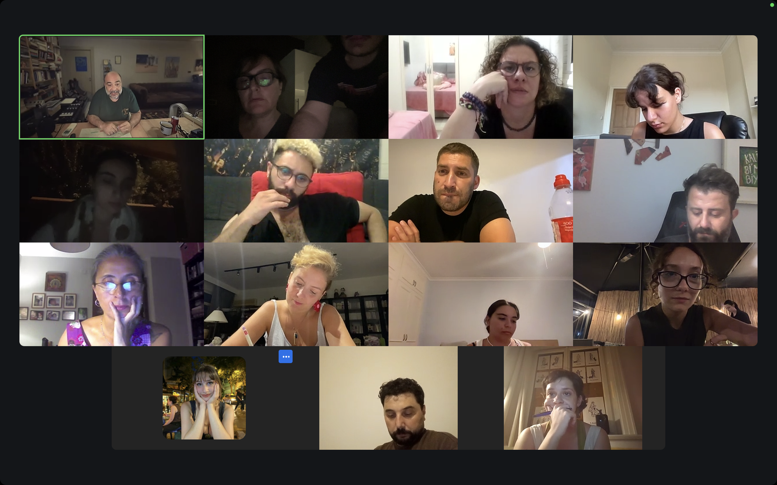 Screenshot of a virtual group video call with multiple people in individual video frames, some in indoor settings, some in outdoor or dimly lit environments, showing diverse individuals with different ages and styles.