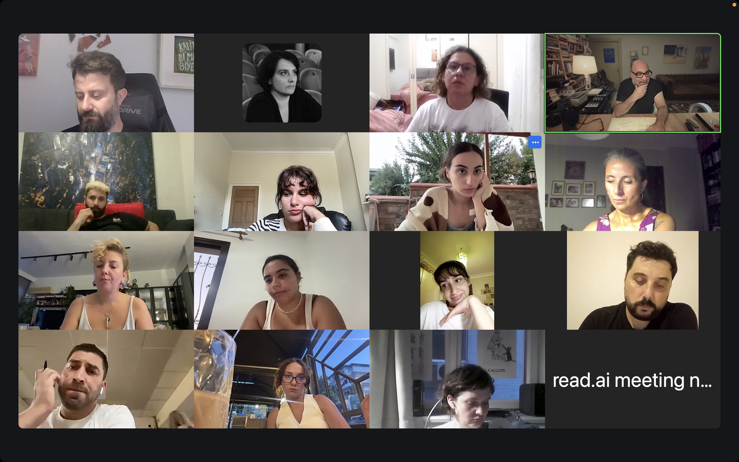 A screenshot of a virtual meeting with multiple participants in a grid layout, each in different indoor settings, some with study or office backgrounds, some with plain walls, and some showing outdoor scenes.