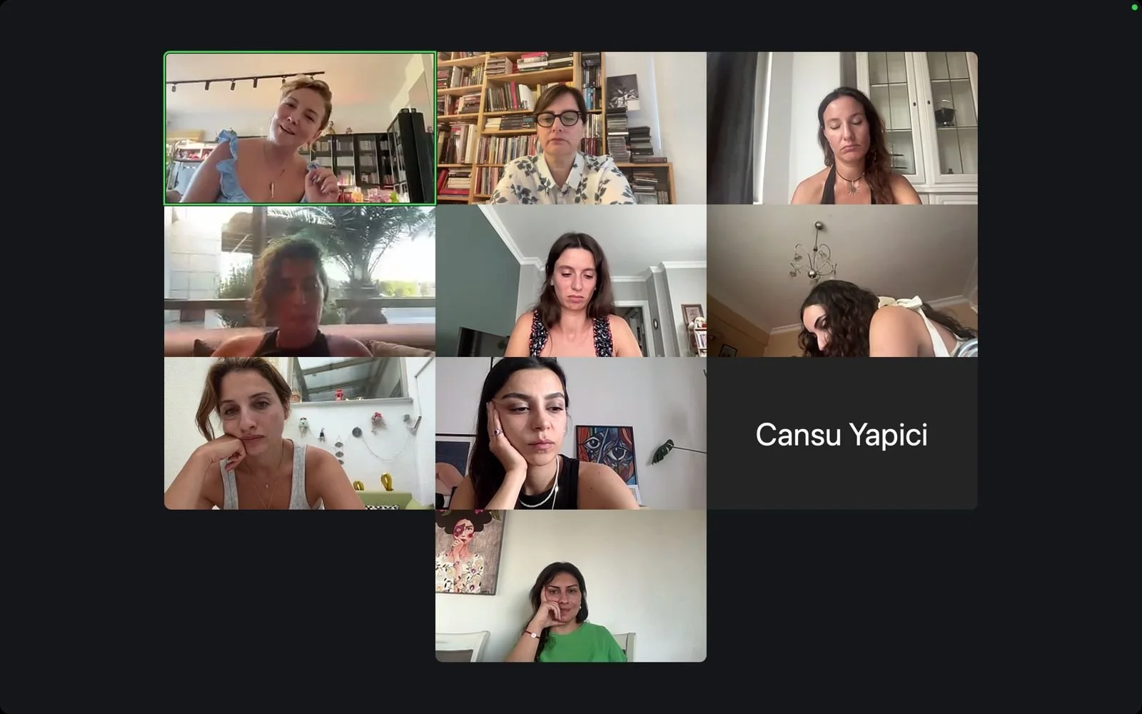 A screenshot of a video call with ten participants, nine women and one with their video off labeled 'Cansu Yapici', all in different indoor settings.