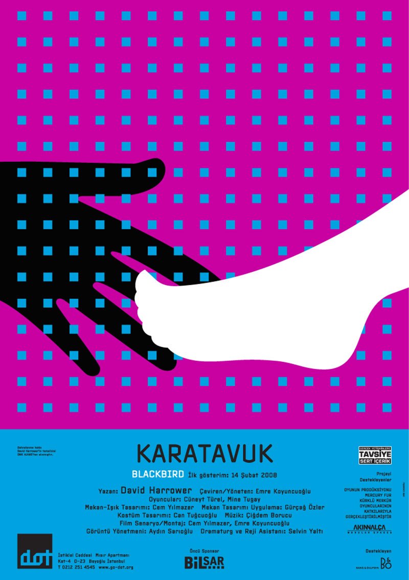 A poster with a pink background filled with small blue squares, two hands (one black and one white) reaching towards each other, and text at the bottom that provides details about a show called 'Karatavuk' by Blackbird, including the director, cast, 
