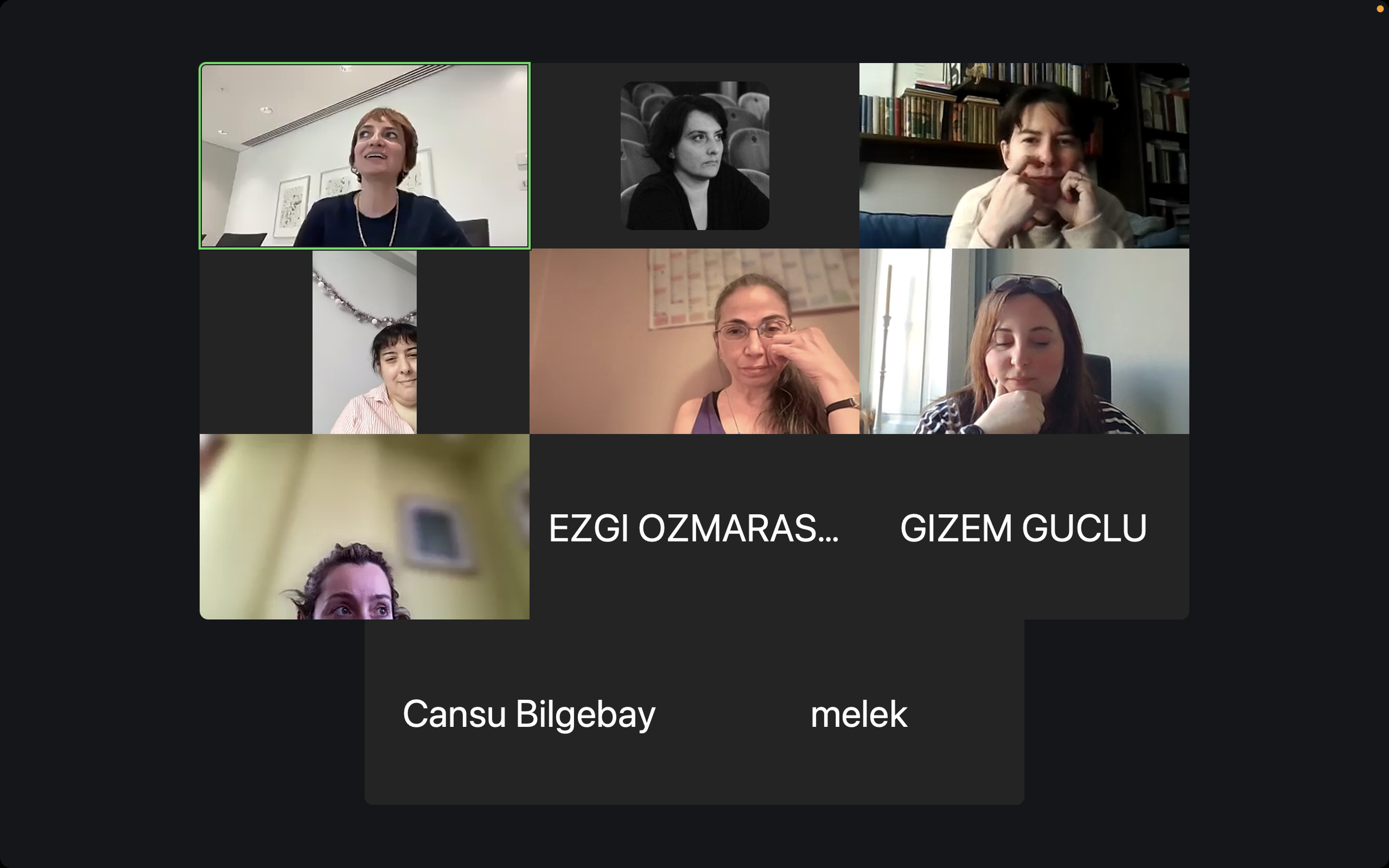 Screenshot of a group video call with seven participants, some have neutral or thoughtful expressions, a woman with short hair appears to be speaking, and names are partially visible at the bottom of some cards.