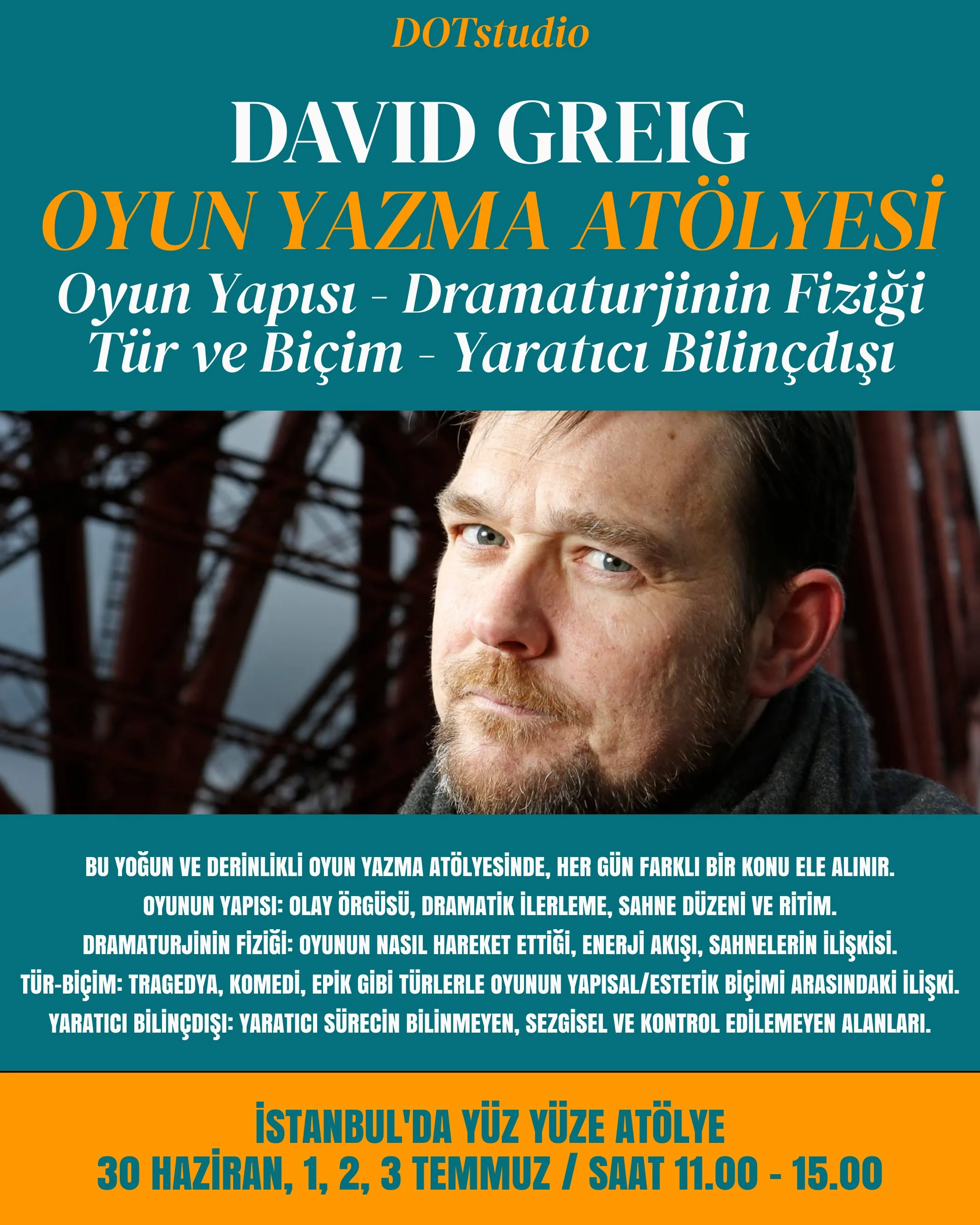 Text-heavy poster in Turkish promoting workshop on playwriting, featuring a partially visible man's face against a background of a bridge or structural support. The poster discusses workshop topics such as play structure, dramaturgy, stage design, an