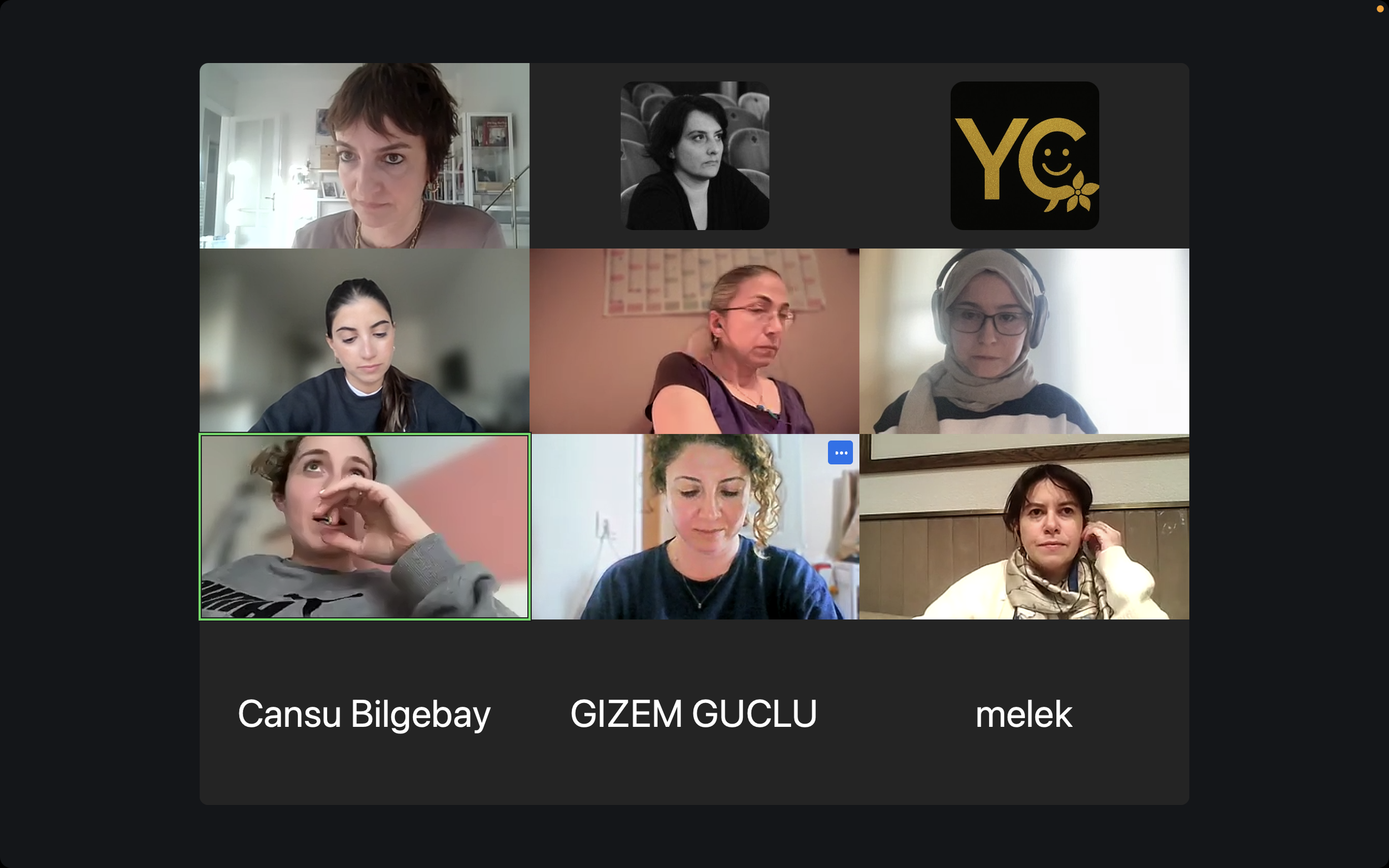 A group of women participating in a virtual video call on a screen, some are looking at their cameras attentively, one woman is resting her chin on her hand. The screen displays their names at the bottom.
