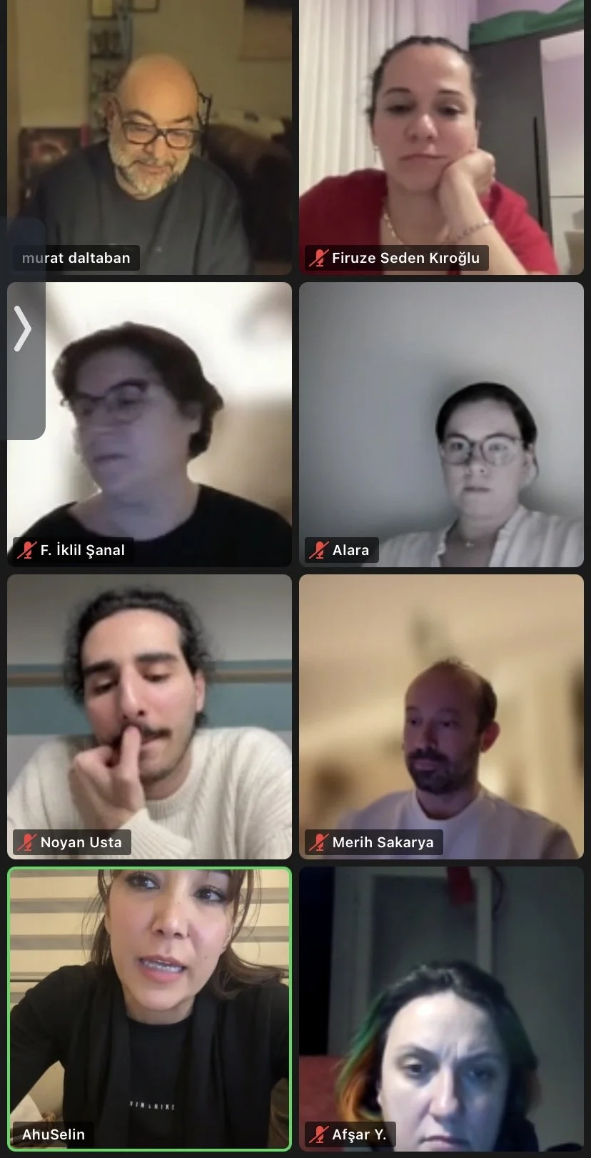 Online video conference with nine participants, each in their own environment, some with glasses, some with expressive gestures or thoughtful expressions.