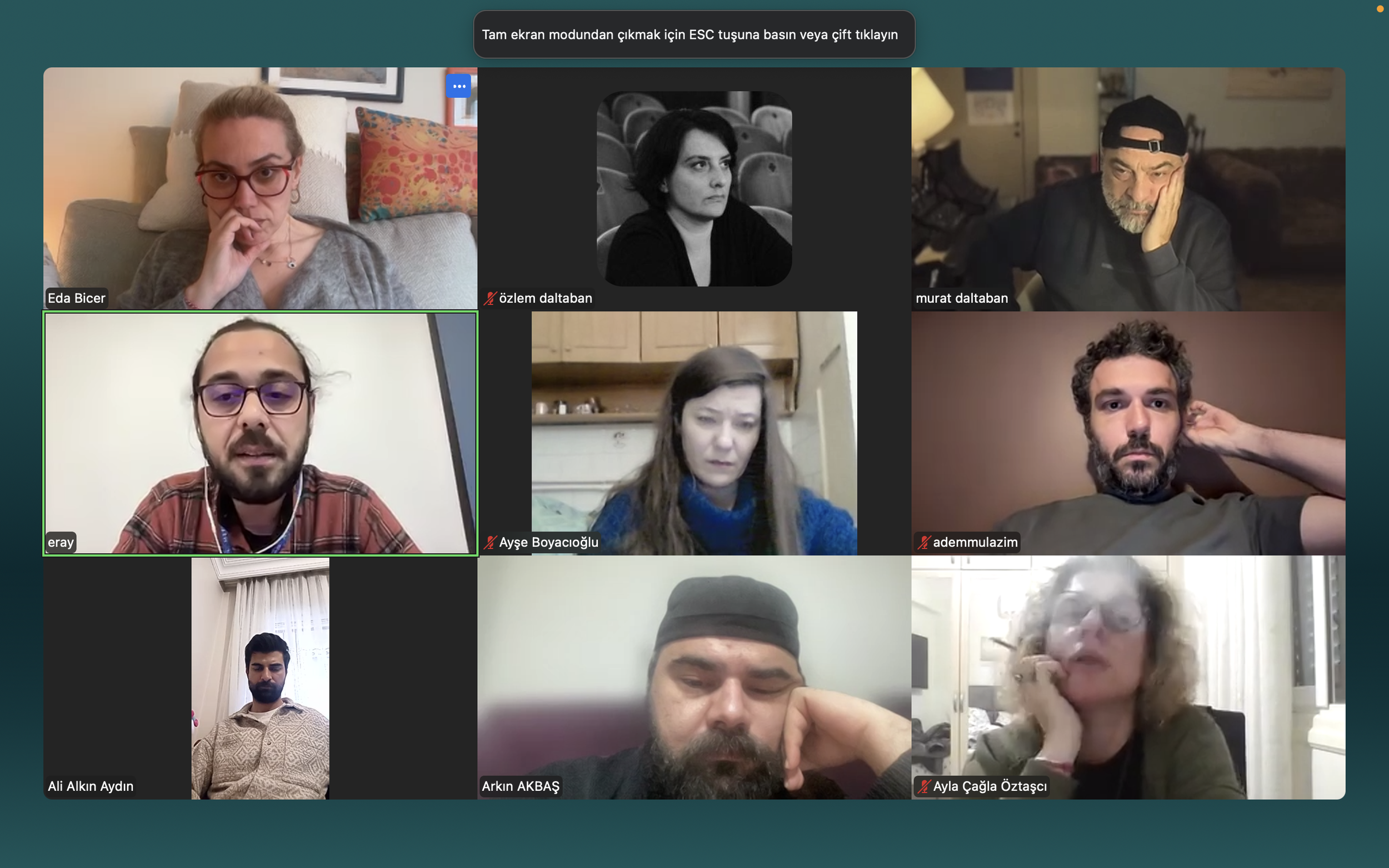 Screenshot of a Zoom video call showing multiple participants, each in their own spaces, with some turning off their cameras or muted.