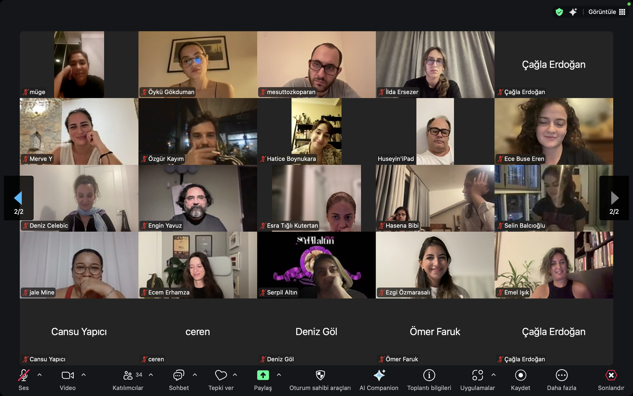 A screenshot of a virtual meeting with 20+ participants, each displayed in individual video windows. The participants are indoors, some with backgrounds of bookshelves, curtains, or plain walls. All participants have their microphones muted, indicate