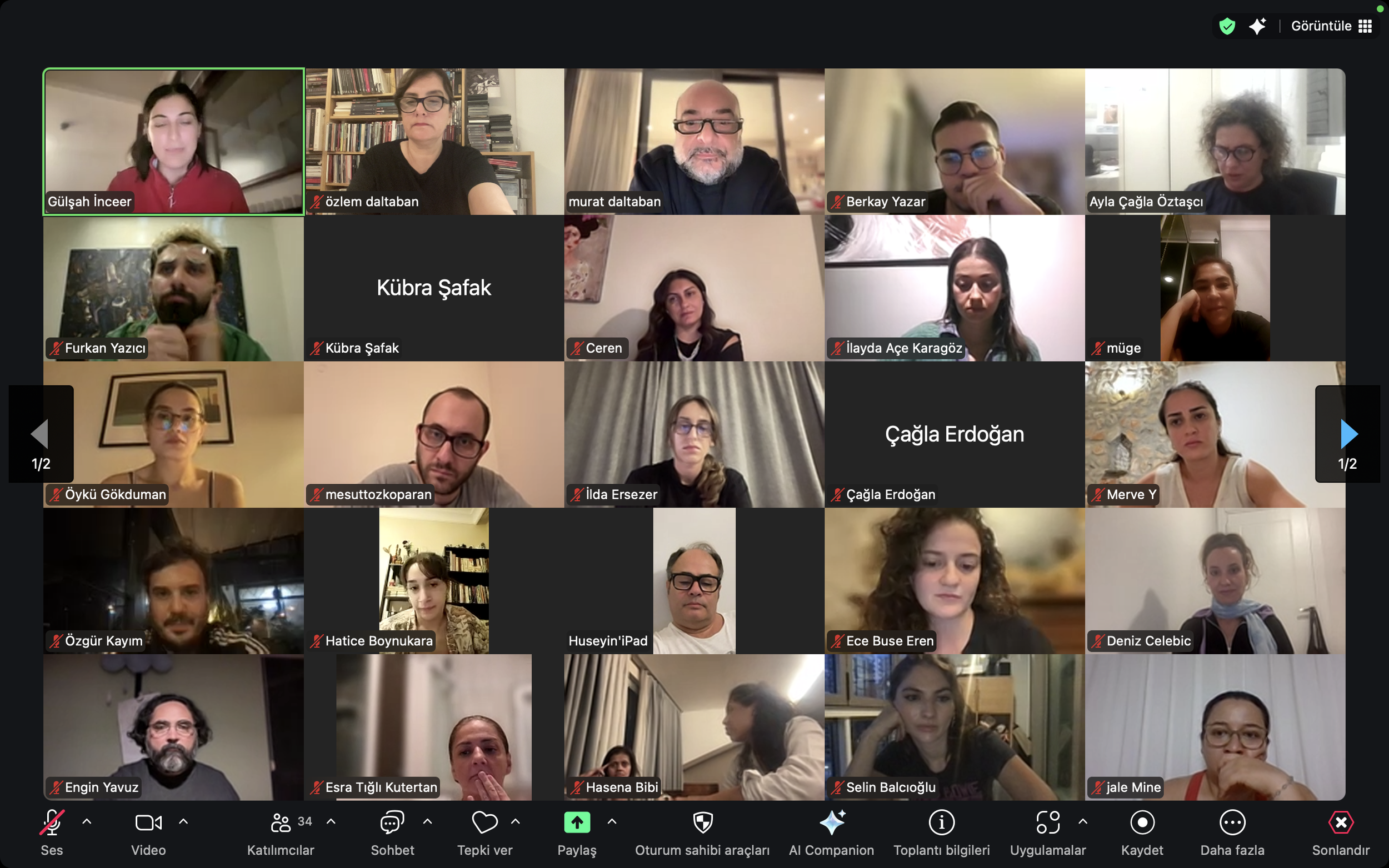 Zoom video conference with multiple participants, each appearing in separate rectangles. Participants include women and men, some wearing glasses, some with facial hair, in various indoor settings. Some participants are listening attentively, others 