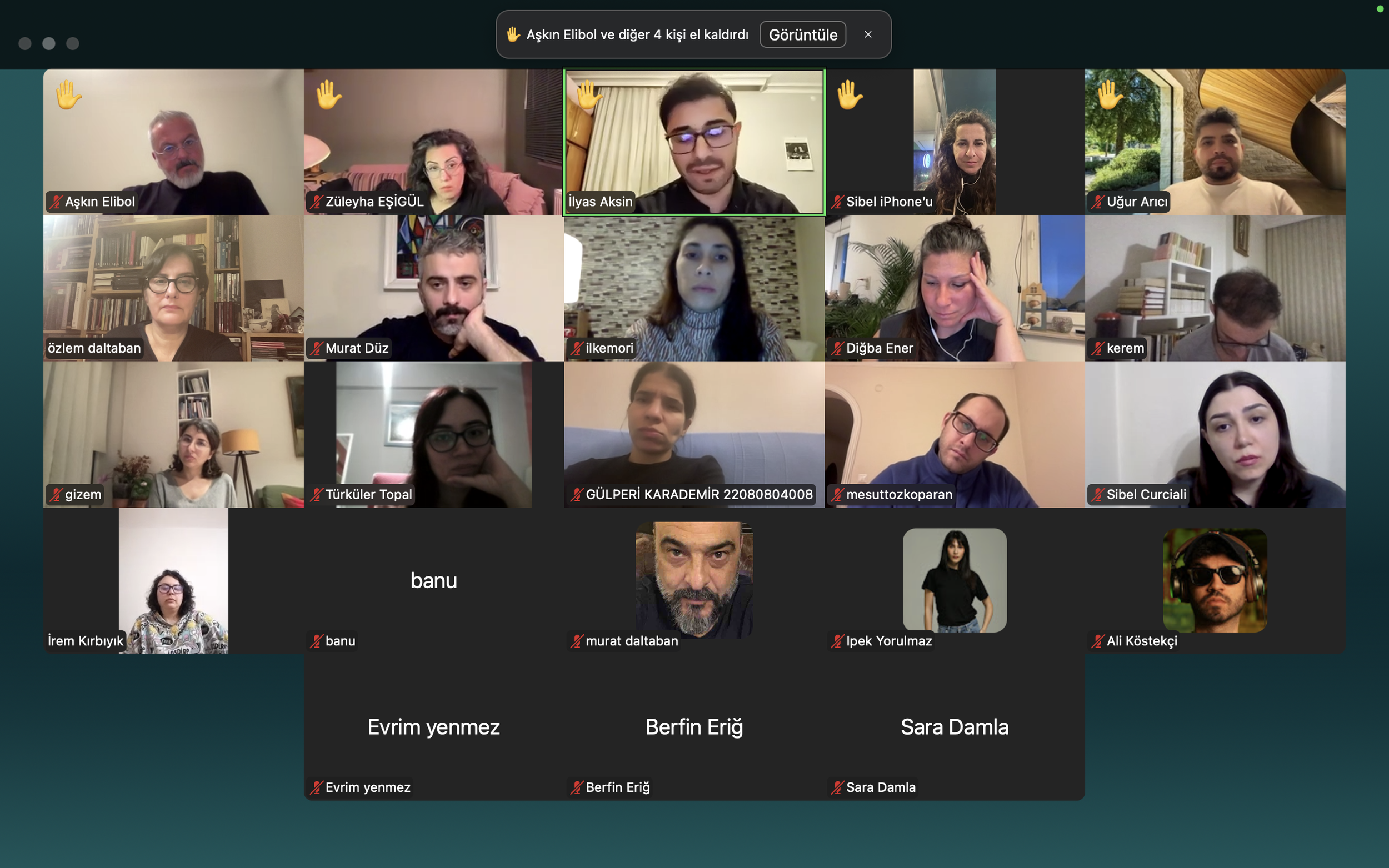 A screenshot of a virtual meeting with multiple participants, each in their own video window. Names are displayed below each person, and most microphones are muted, indicated by red icons. The background varies from plain walls to decorated rooms, an