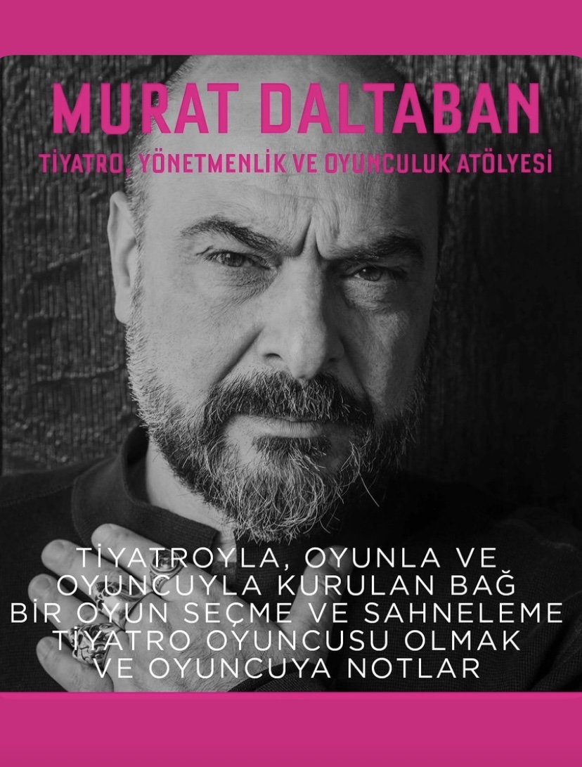 Close-up of a man with a beard and intense expression, black and white photo. Pink banner at top with text and additional text in white overlay.