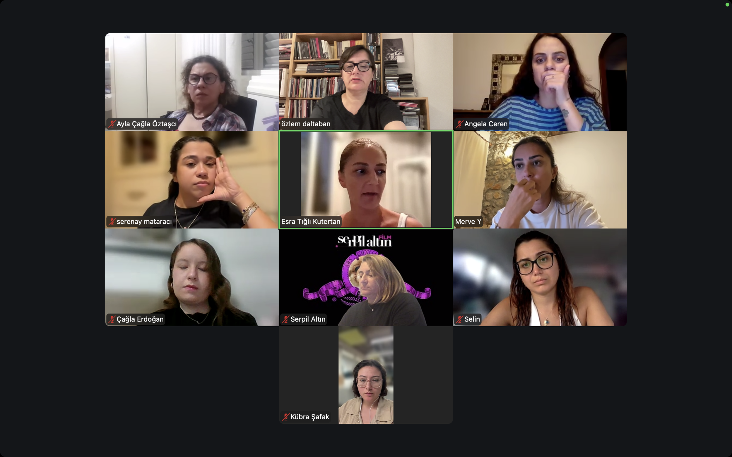 Screenshot of a virtual meeting with twelve diverse women in a grid, some with bookshelves, curtains, or plain backgrounds.