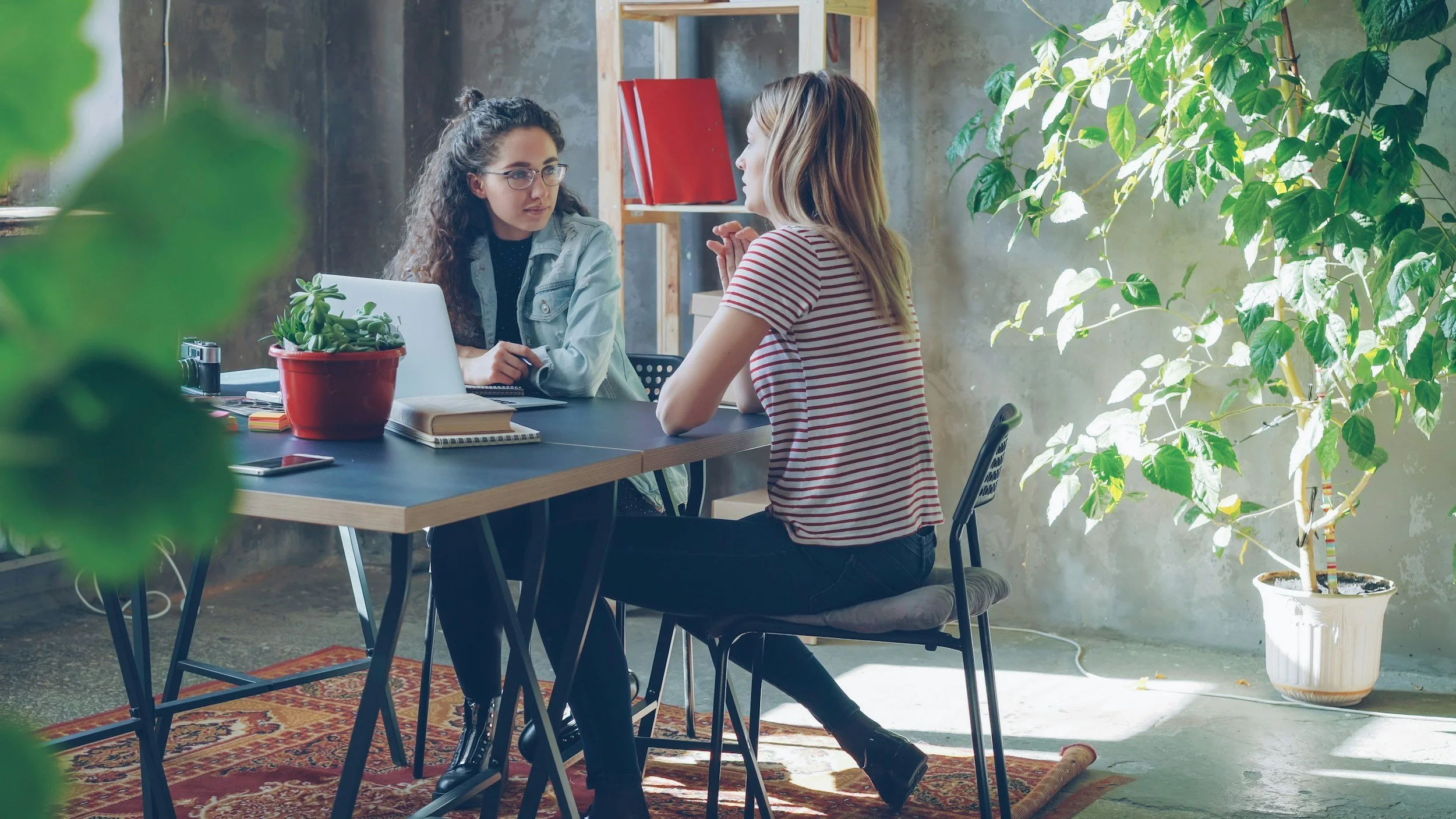 Two women are having a conversation in a modern, plant-filled indoor space. One woman is sitting at a table, and the other is kneeling in front of her. On the table are a plant in a red pot, a notebook, and various items. The space has concrete walls, wooden shelves with red folders, and large green plants, with natural light illuminating the scene.