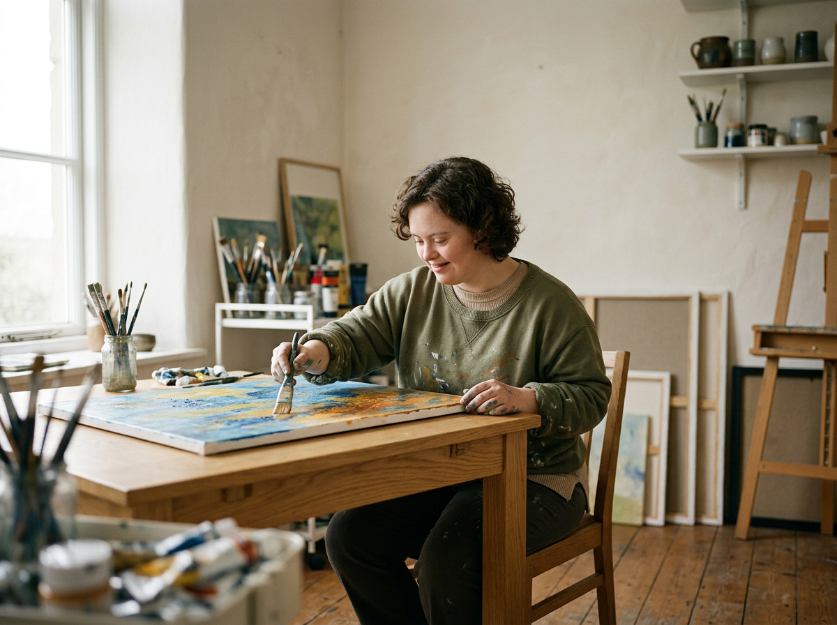 A woman with short curly hair painting on a canvas in a bright, cozy art studio. She is smiling and wearing a green sweatshirt. The studio has prepped supplies, paintings, and art in progress around her.