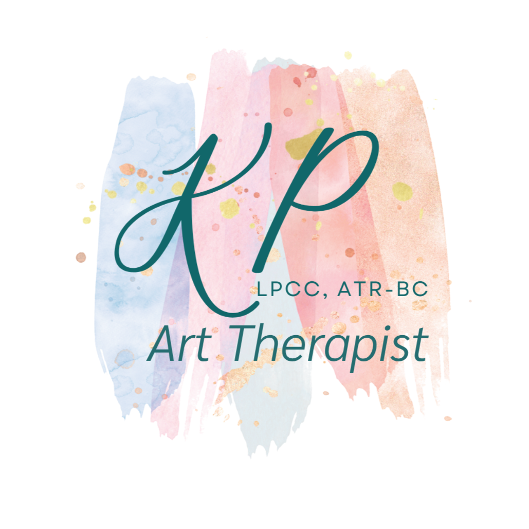 Watercolor splash background with text 'K P LPCC, ATR-BC Art Therapist' in different fonts and sizes.