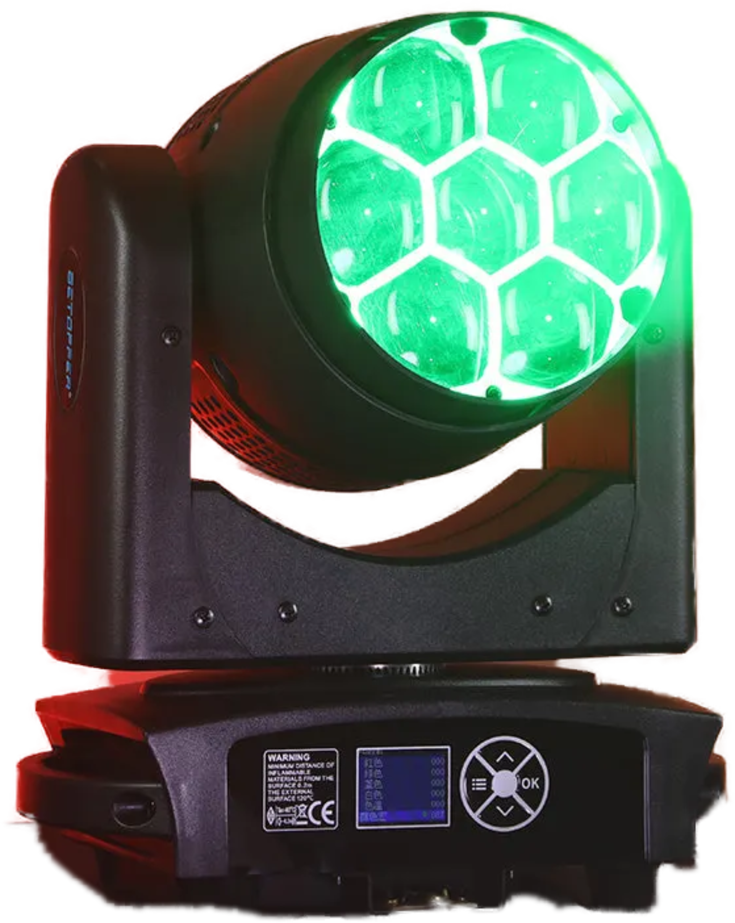 A DJ light that has the ability to move 360 degrees with multi color functionality.