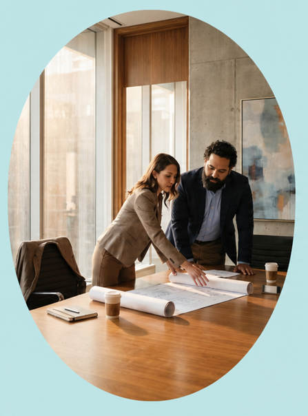 Two professionals, a woman and a man, are reviewing blueprints on a conference table in a modern office with large windows and artwork on the wall.