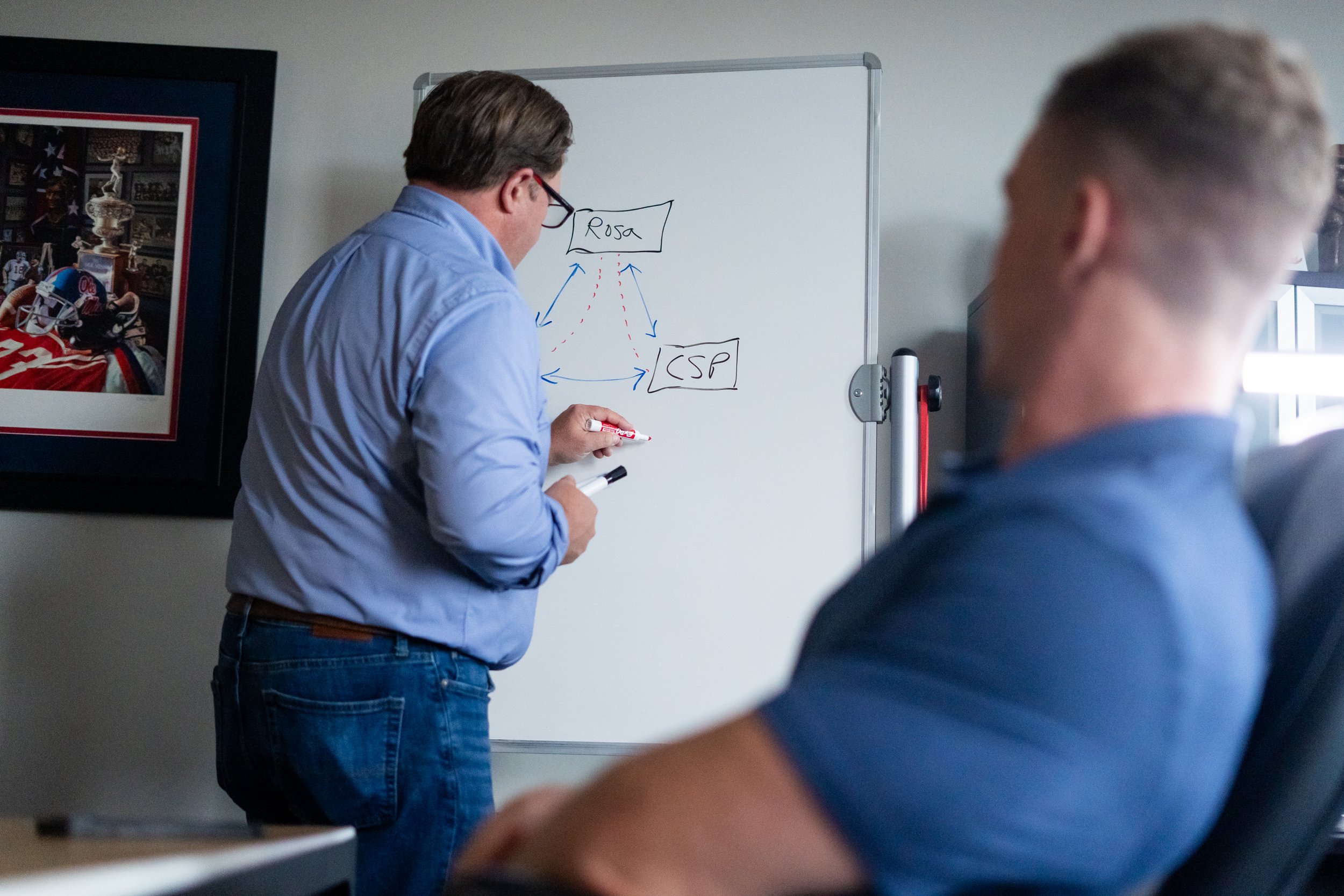 Man in blue shirt writing on a whiteboard in a room with a framed poster on the wall and another person in the foreground.
